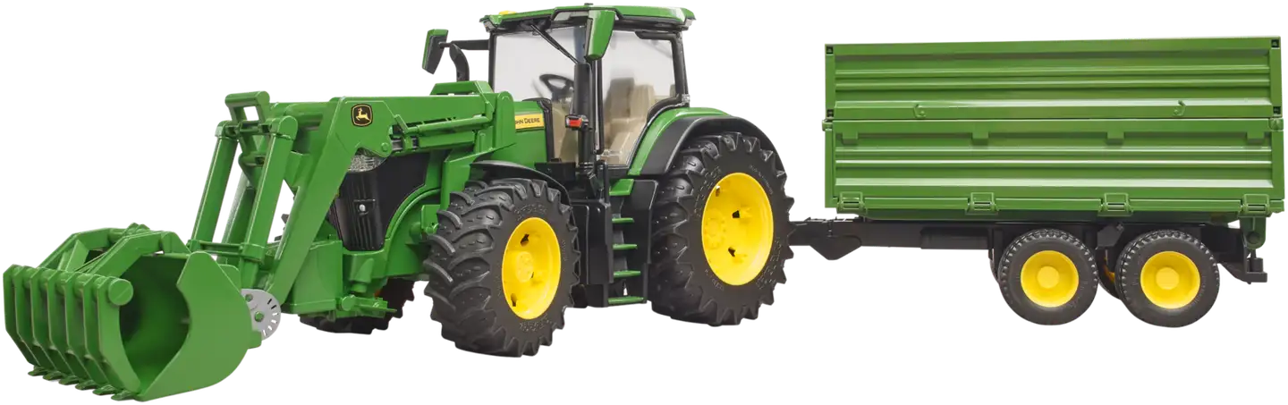 Bruder John Deere 7R 350 traktori etukuormaajalla ja perävaunulla - 1