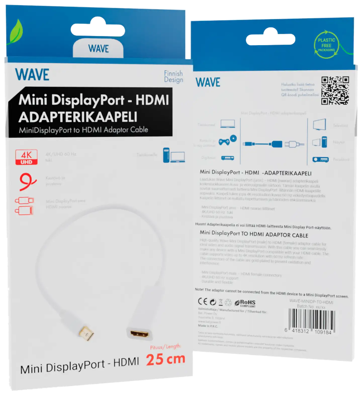 Wave Adapterikaapeli, Apple Mini DisplayPort uros - HDMI naaras, 25cm, Valkoinen - 2
