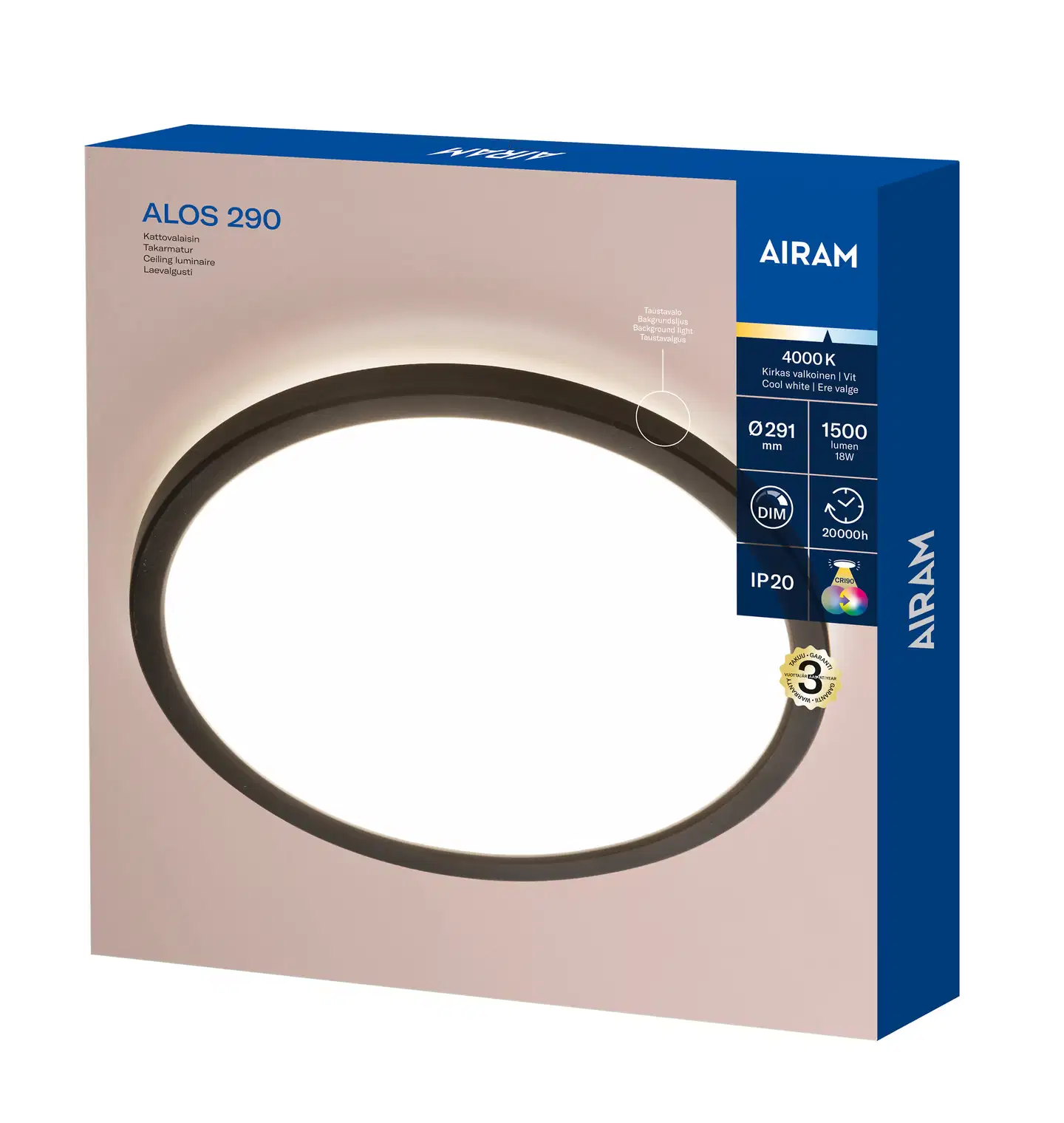 Airam Alos 290 plafondi IP20 18W/940 step dim musta - 3