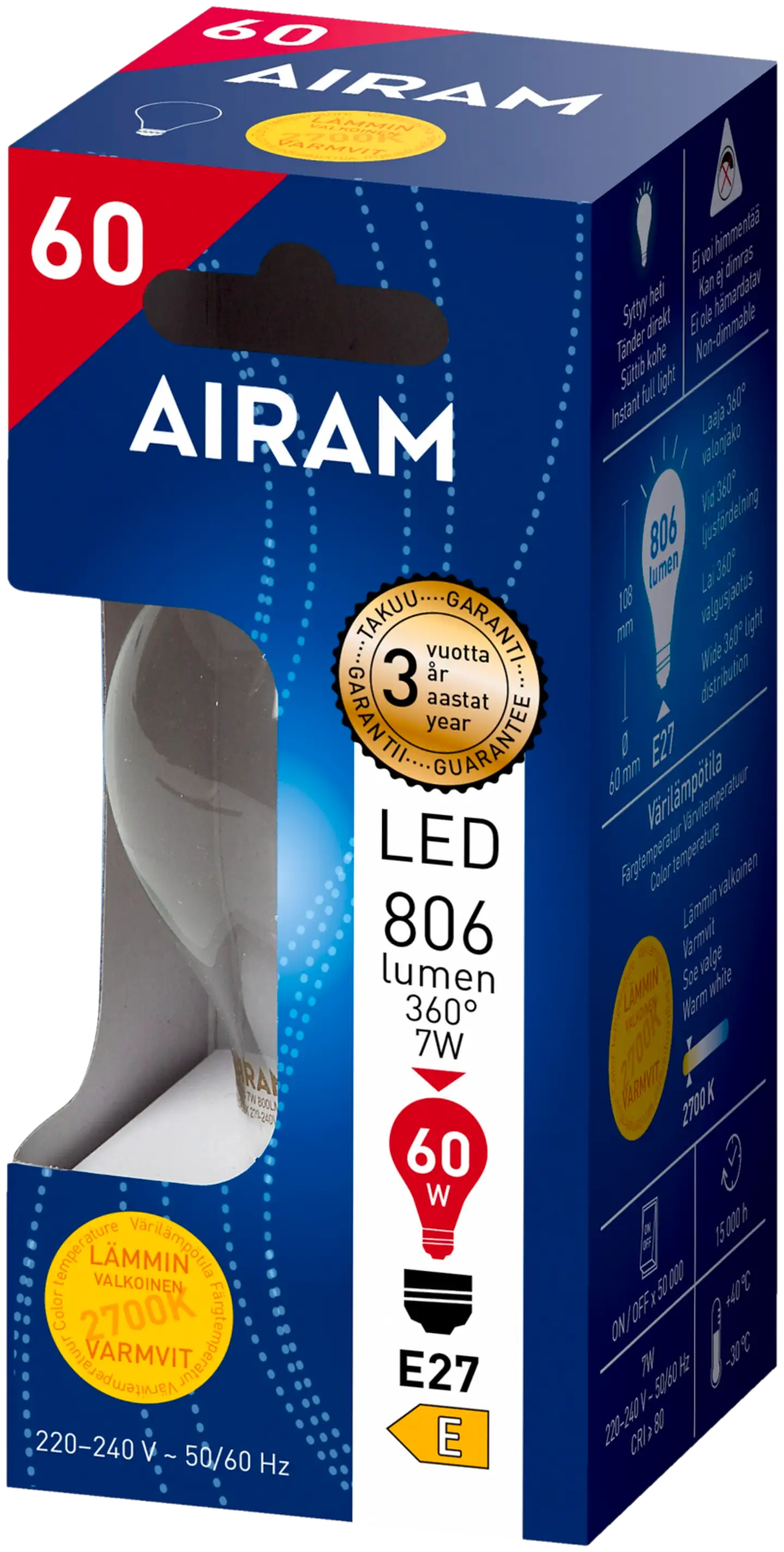 Airam LED 7W vakiolamppu filamentti E27 806lm 2700K - 2