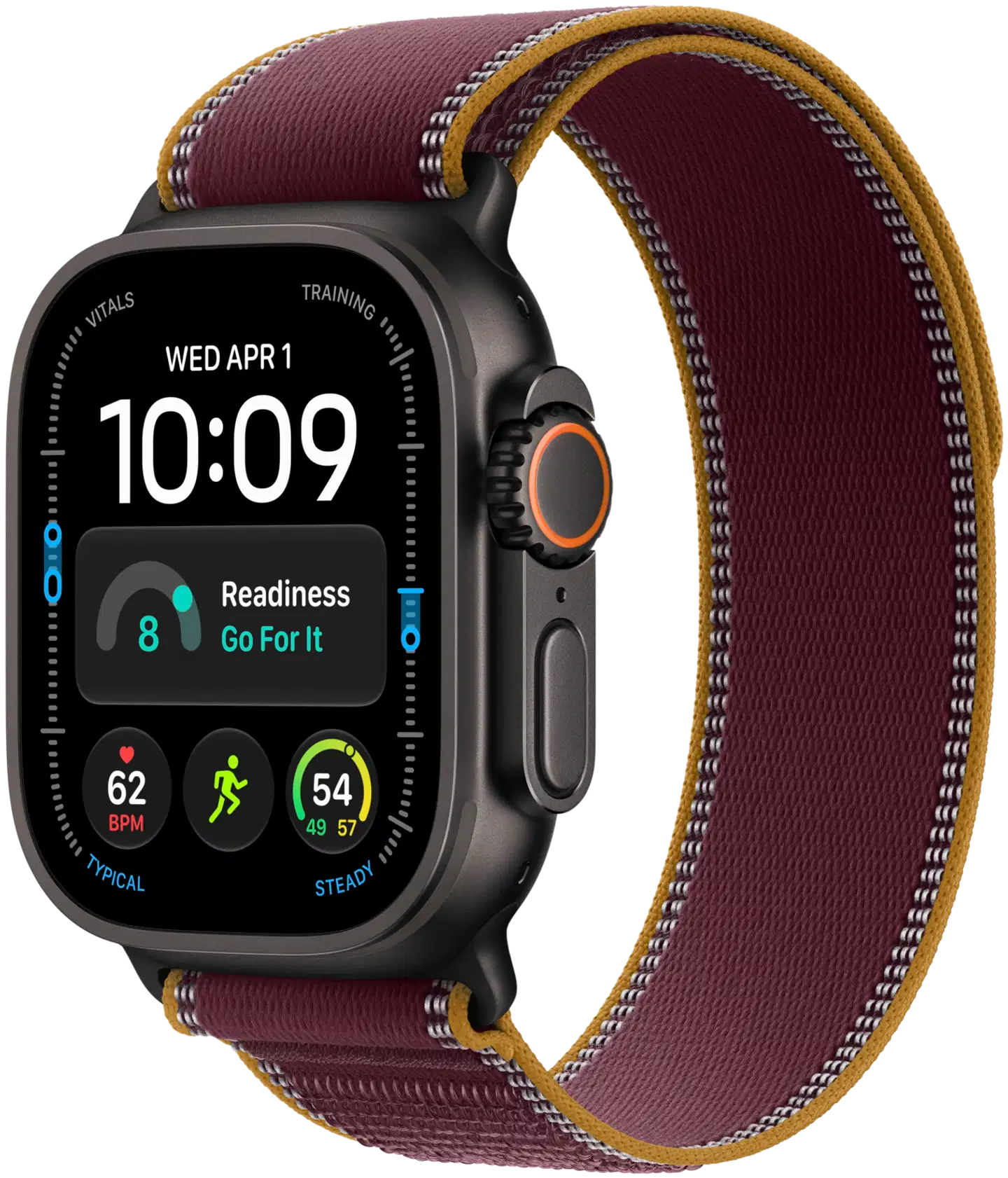 Apple Watch Ultra 4 GPS + Cellular 49 mm:n musta titaanikuori ja viininpunainen Trail Loop -ranneke - S/M - MJC34KS/A - 2