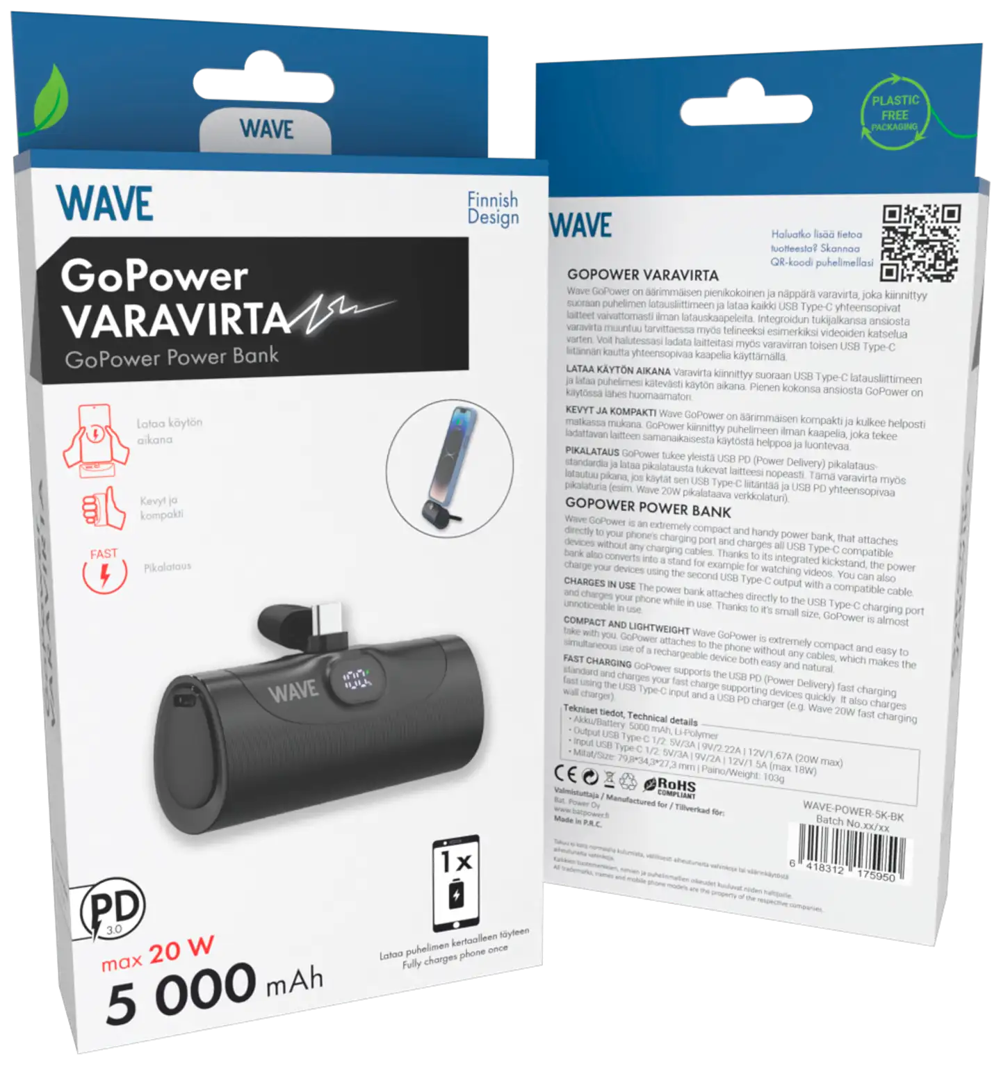 Wave GoPower lisävirta, 5000mAh, Musta - 2