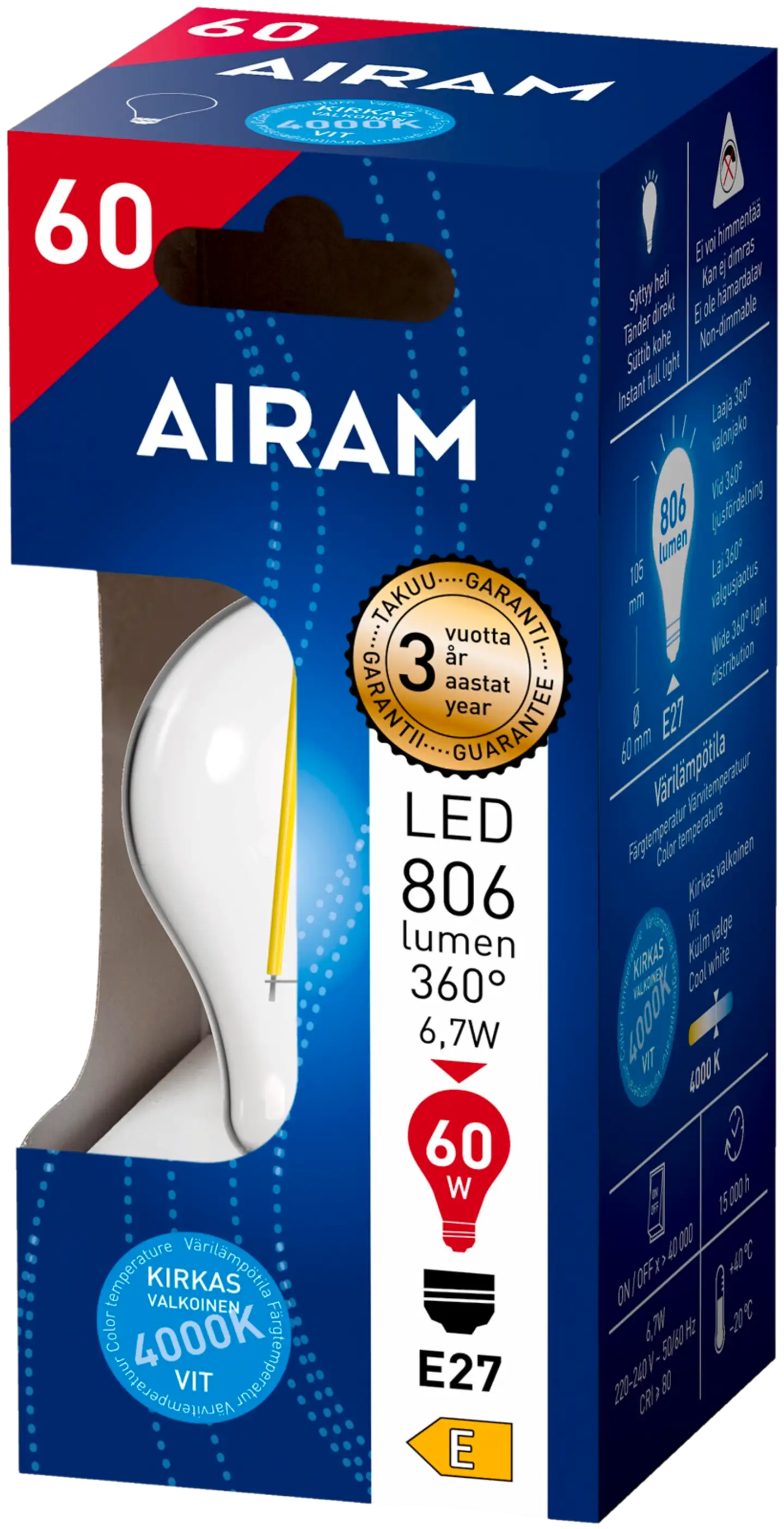 Airam LED Vakio 6,7W 806lm 4000K E27 kirkas - 2