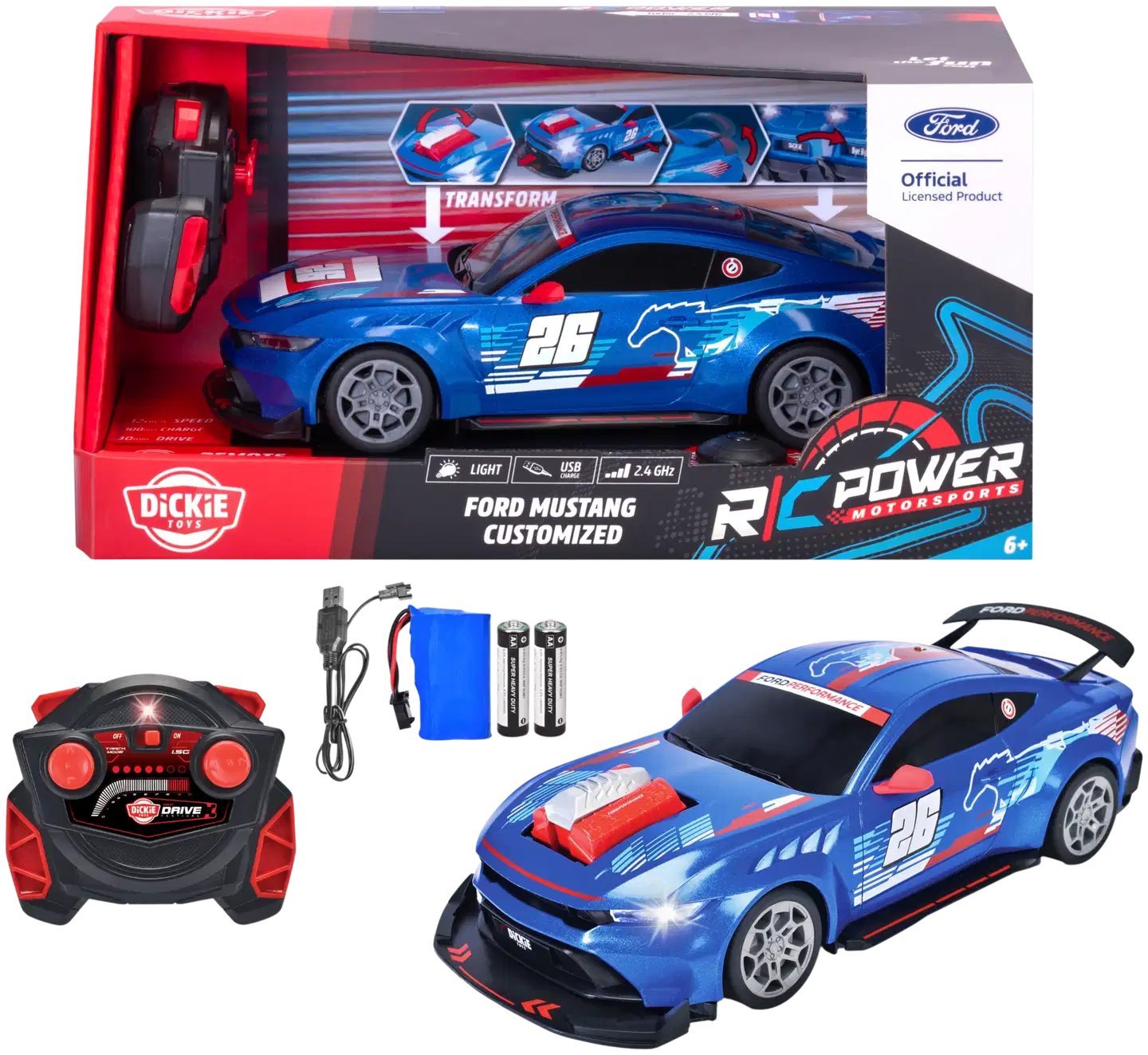Dickie Toys - RC Ford Mustang Customized 1:24, 29 cm, Try Me, RTR, radio-ohjattava, 4 kanavainen ohjain, taajuus 2,4 GHz, USB lataus, valotoiminto - 1
