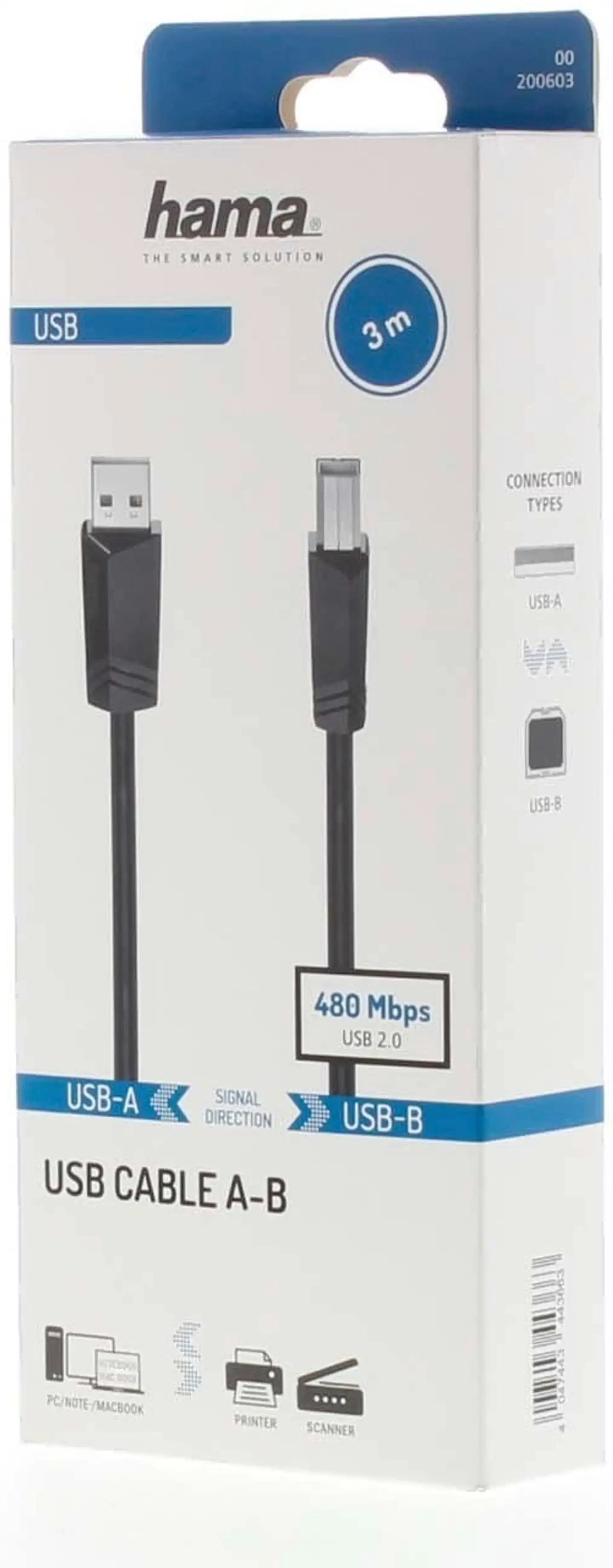 Hama USB-kaapeli, USB-A uros - USB-B uros, USB 2.0, 480 Mbit/s, 3,0 m - 2