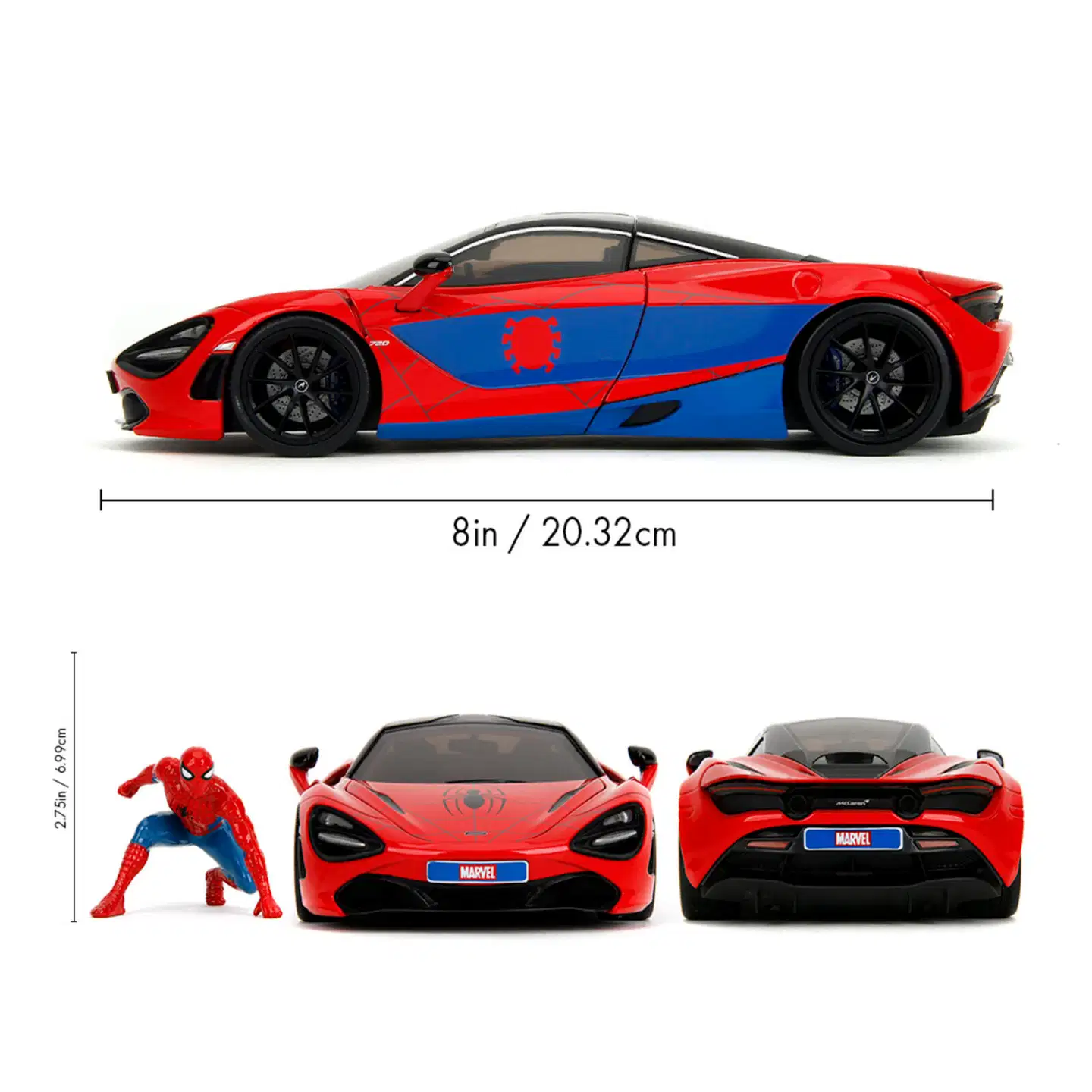 Jada - Marvel Spider-Man McLaren 720S 1:24, 19 cm auto ja Spider-Man hahmo, die-cast - 12
