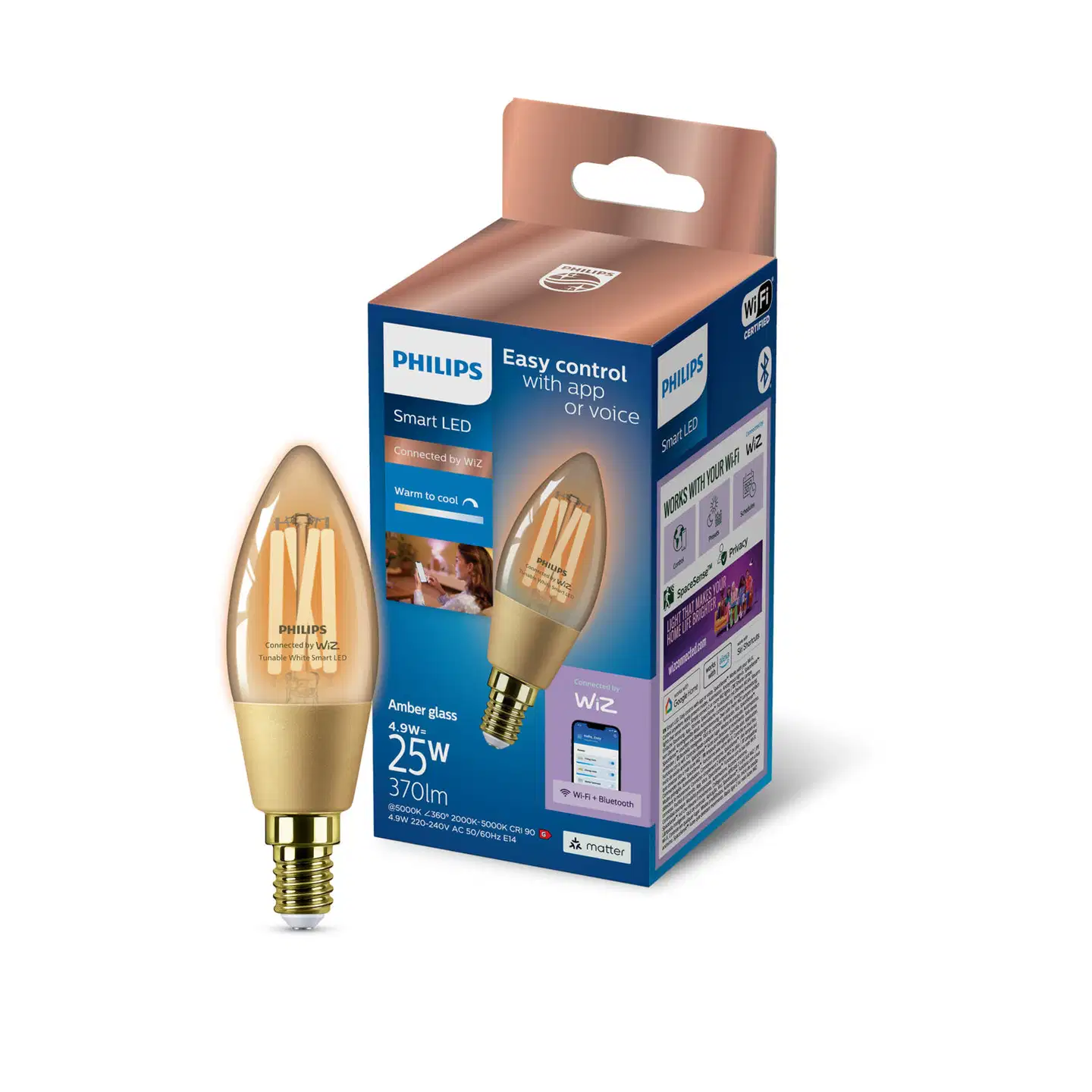 Philips Smart Lighting LED-filamenttilamppu 5W C35 E14 2000-5000K 370lm Amber - 3