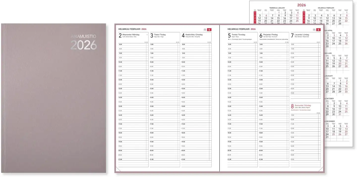 Pöytäkalenteri Aikamuistio ommeltu 2026, rosé