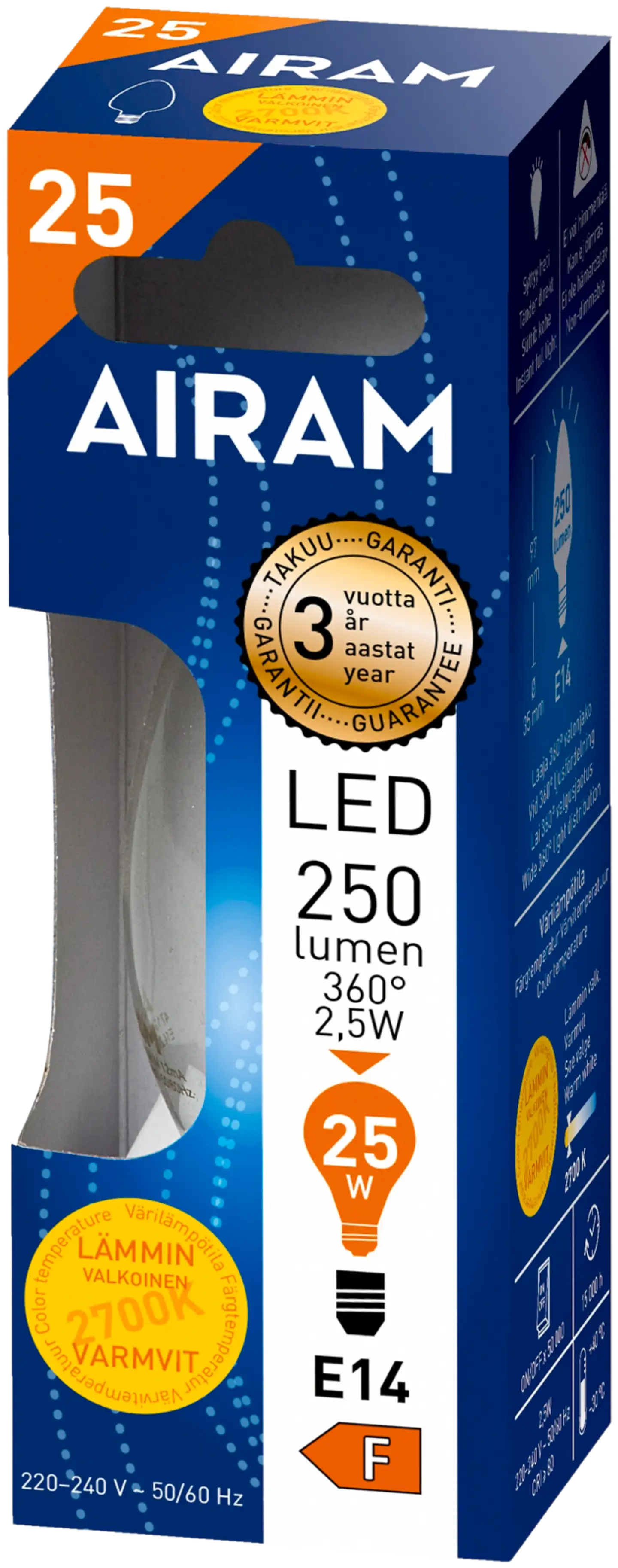 Airam LED 2,5W kynttilä filamentti E14 250lm 2700K - 2