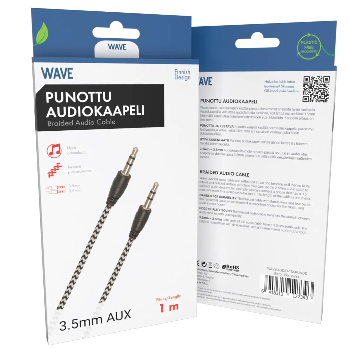 Wave Punottu Audiokaapeli 3,5mm, 1m, Mustavalkoinen - 2