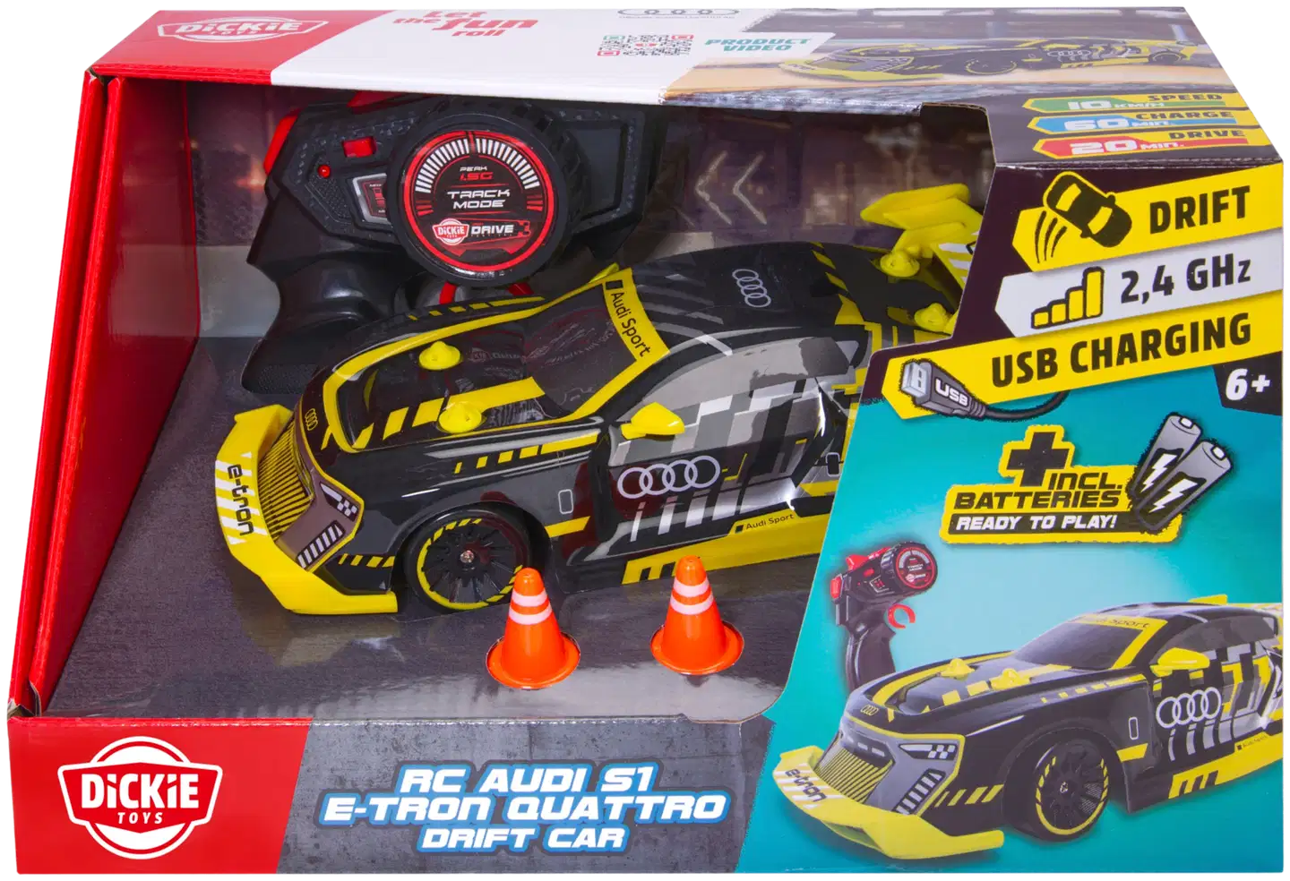 Dickie Toys RC Audi S1 E-Tron Quattro Drift, 22 cm, 1:24, 2-kanavainen ohjain, taajuus 2,4 GHz, USB-lataus, RTR - 1