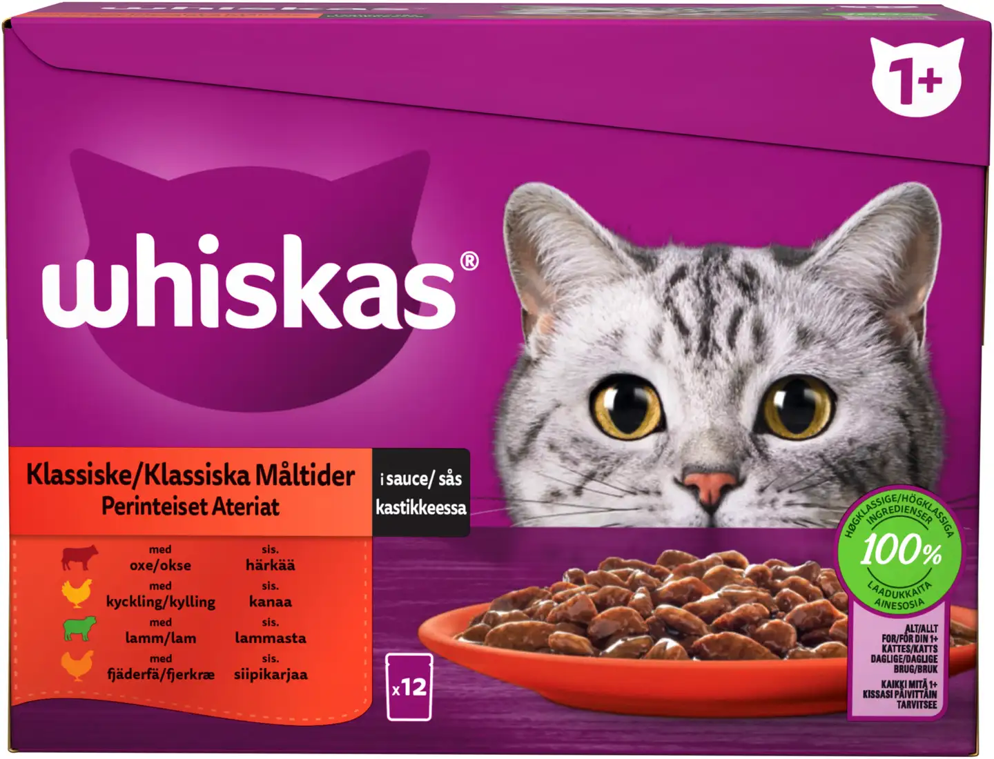 Whiskas 1+ Perinteiset Ateriat kastikkeessa (12 x 85 g)