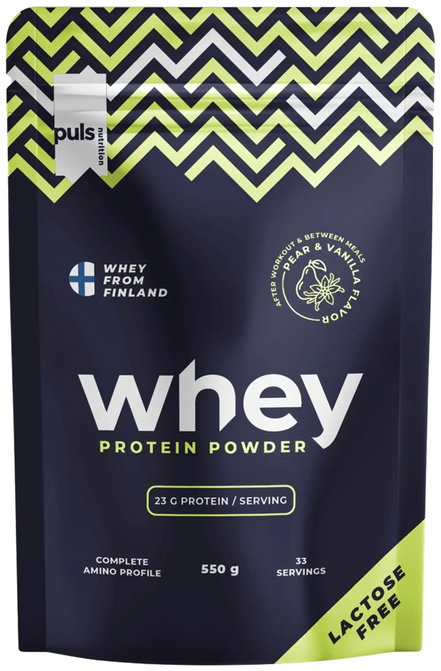 PULS WHEY Proteiinijuomajauhe kausimaku Päärynä & Vanilja 550g