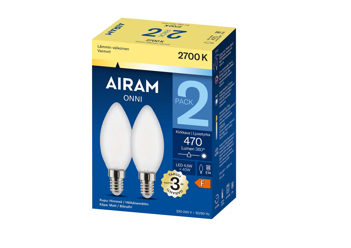 Airam LED C35 827 470lm E14 FR 2BX - 3