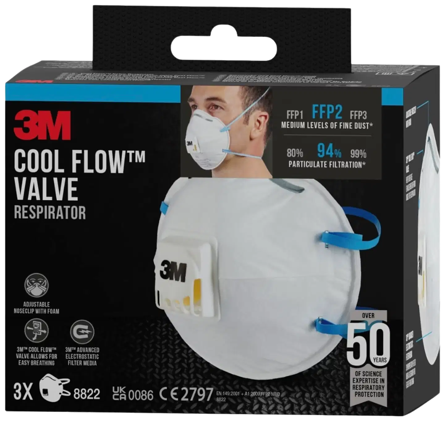 3M™ Cool Flow™ hiukkassuojain 8822, FFP2, venttiili, 3 kpl/pakkaus - 6