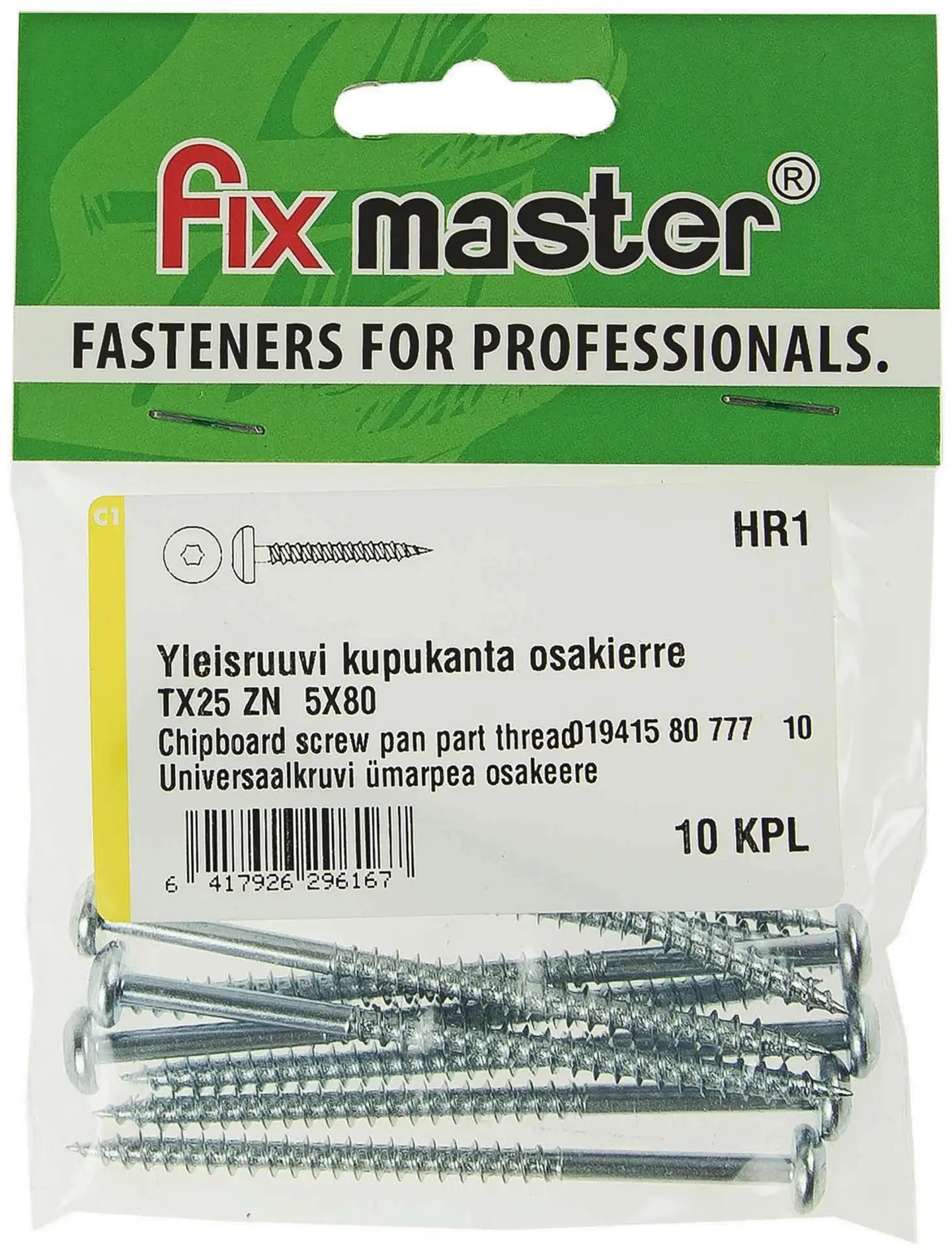 Fix Master yleisruuvi kupukanta osakierre 5X80 torx15 sinkitty 10kpl