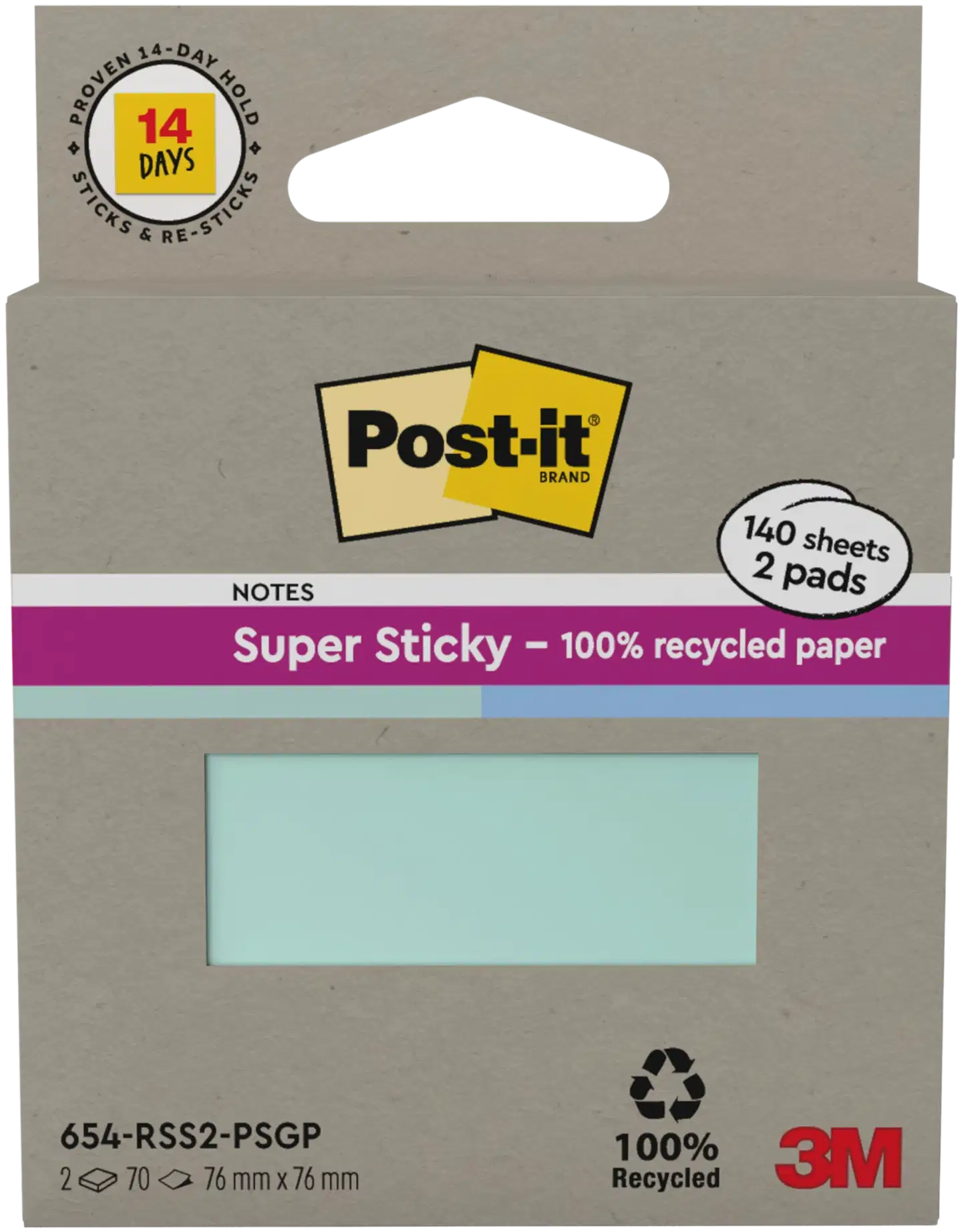 Post-it® Super Sticky 100% Recycled -viestilaput 654-RSS2-PSGP, mintunvihreä ja sininen, 76 mm x 76 mm, 70 viestilappua/lehtiö, 2 lehtiötä/pakkaus - 2