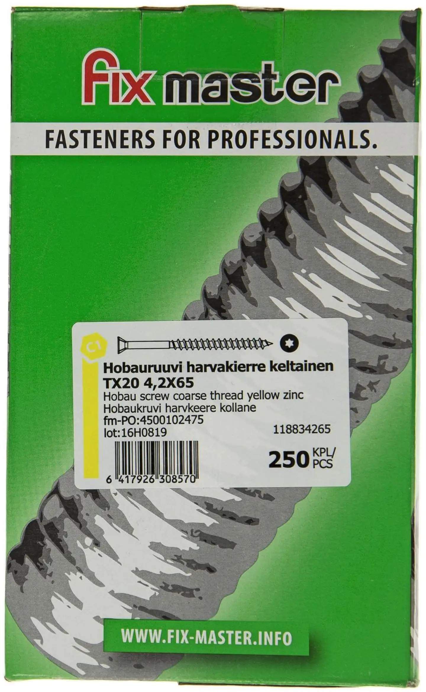 Fix Master hobauruuvi harvakierre keltainen torx20 4,2X65 sinkitty 250kpl