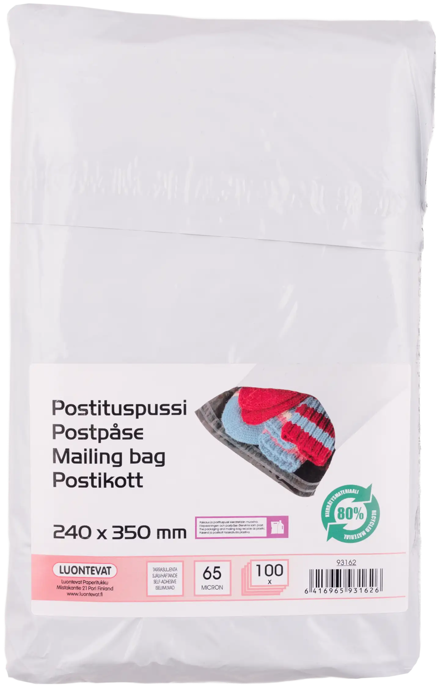 Luontevat postituspussi240x450 mm valkoinen tarrasuljenta 100 kpl - 1