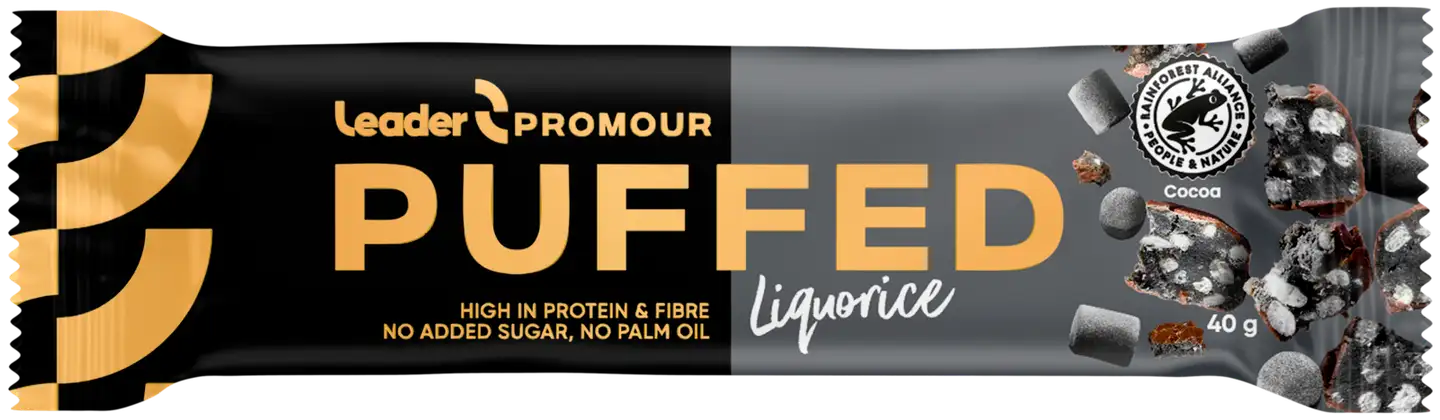 Leader Promour Puffed Liquorice riisisuklaaproteiinipatukka 40 g