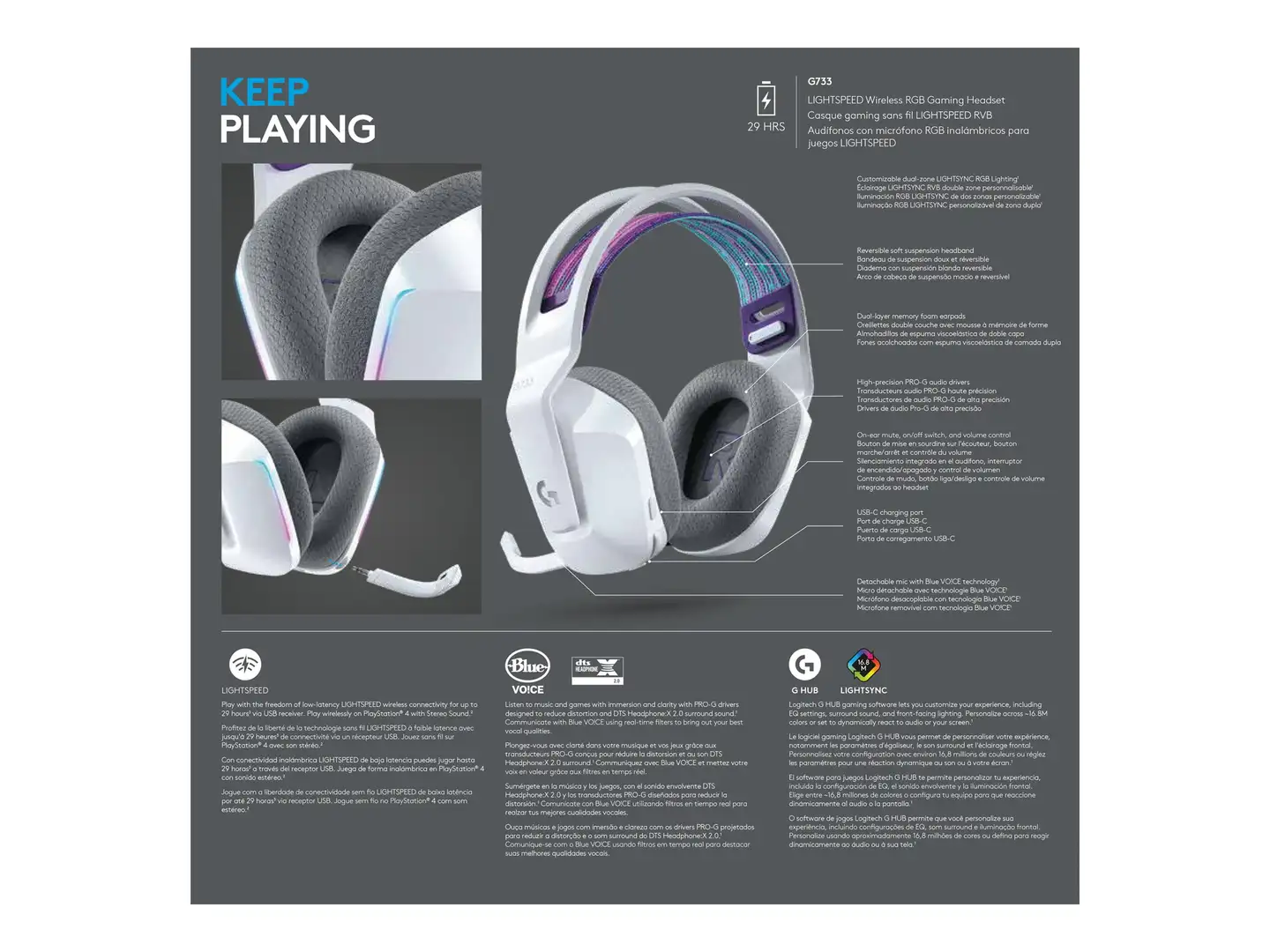 Logitech pelikuuloke Lightspeed G733 valkoinen - 16