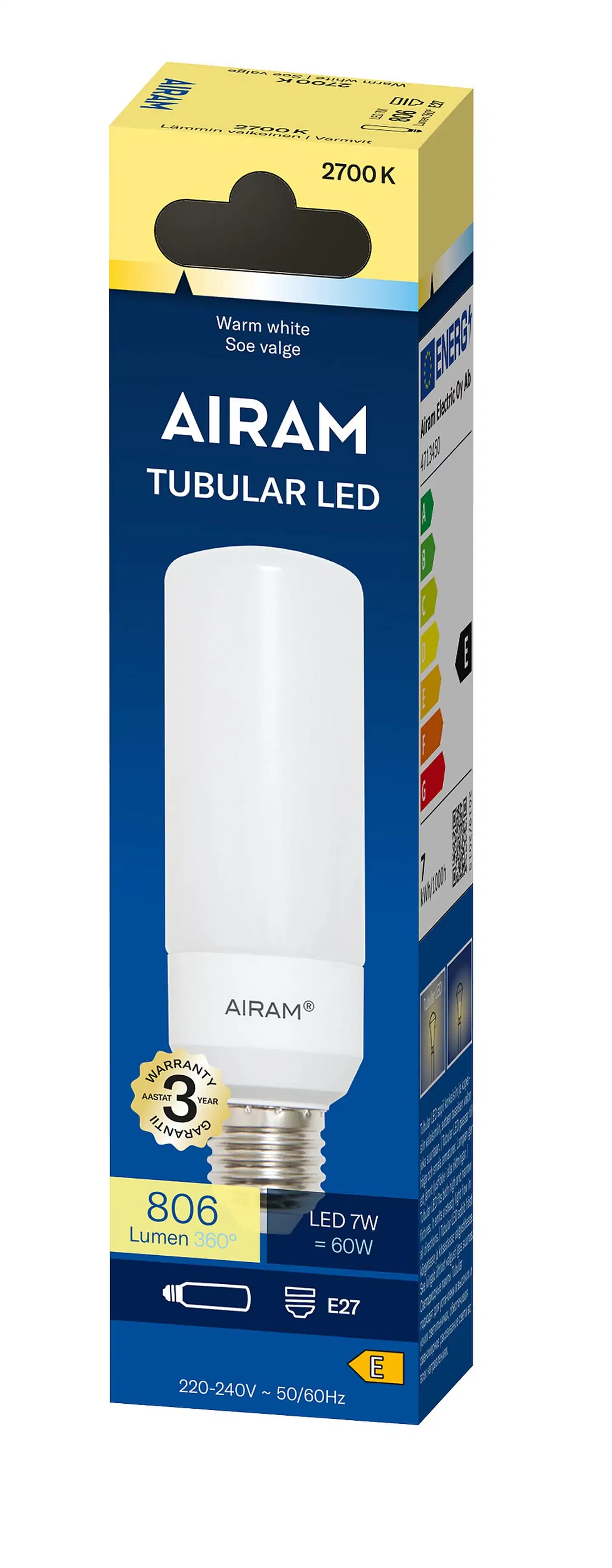 Airam LED TUB37 827 806lm E27 OP - 3