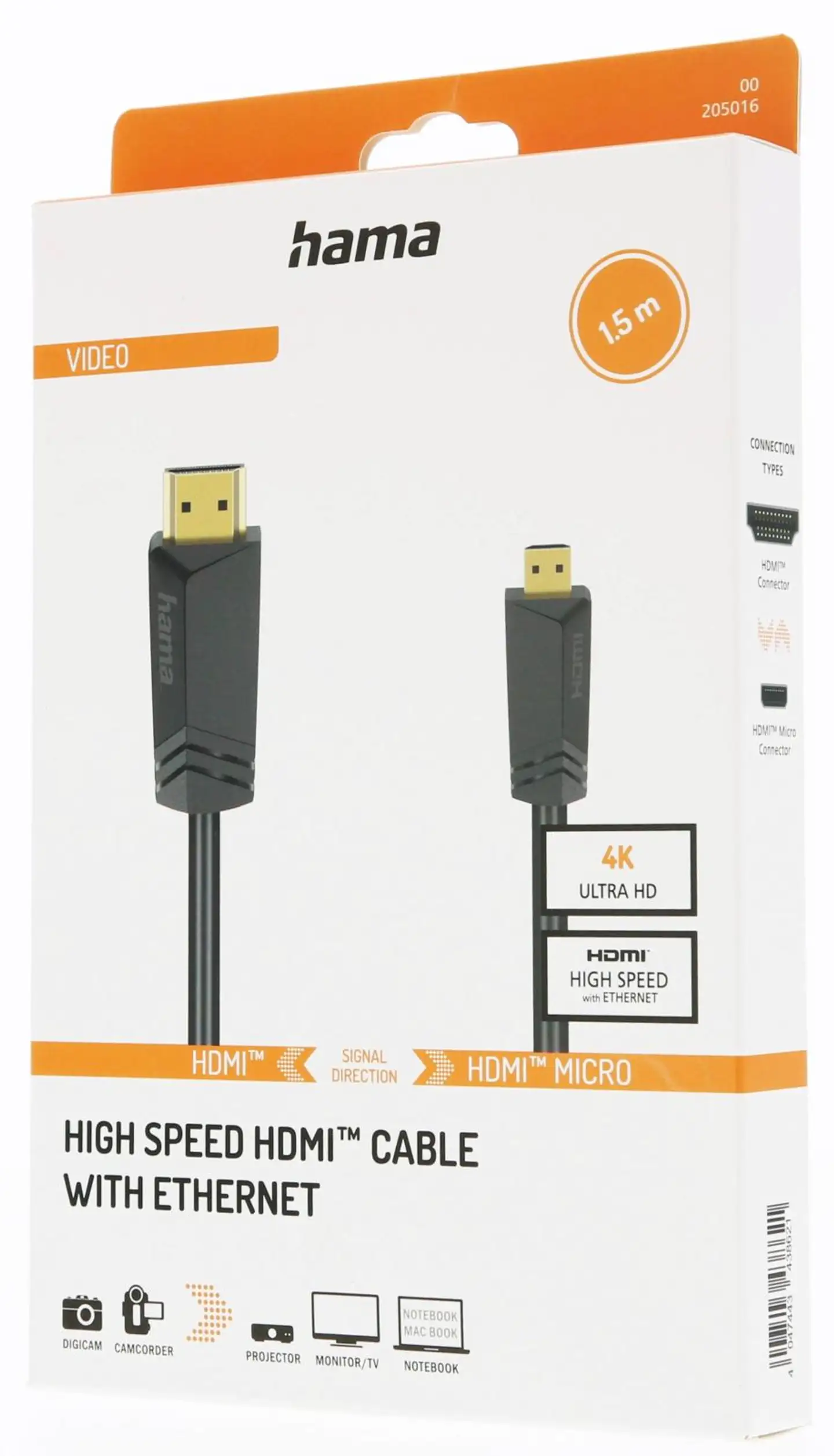 Hama HDMI™-johto, Type-D (Micro) uros - Type-A uros, 4K, Ethernet, 1,5m - 3