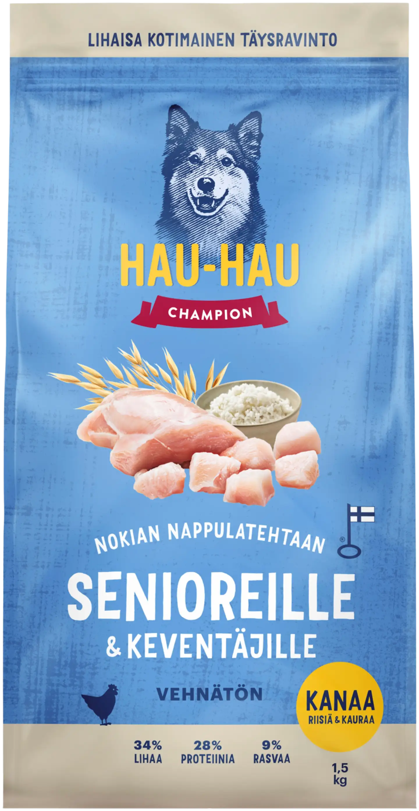 Hau-Hau Champion Nokian Nappulatehtaan Kanaa, riisiä & kauraa täysravinto senioreille ja keventäville 1,5 kg