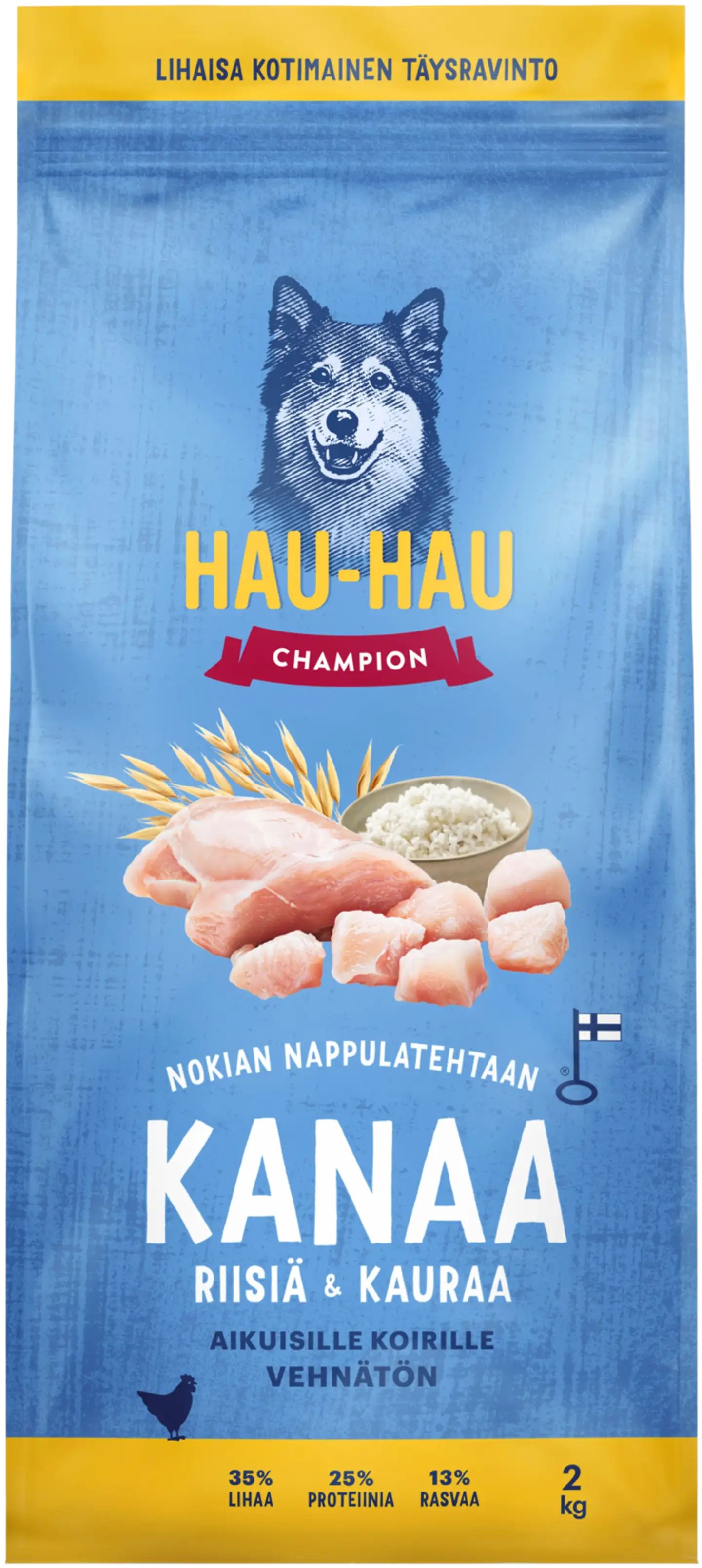 Hau-Hau Champion Nokian Nappulatehtaan Kanaa, riisiä & kauraa täysravinto aikuisille koirille 2 kg