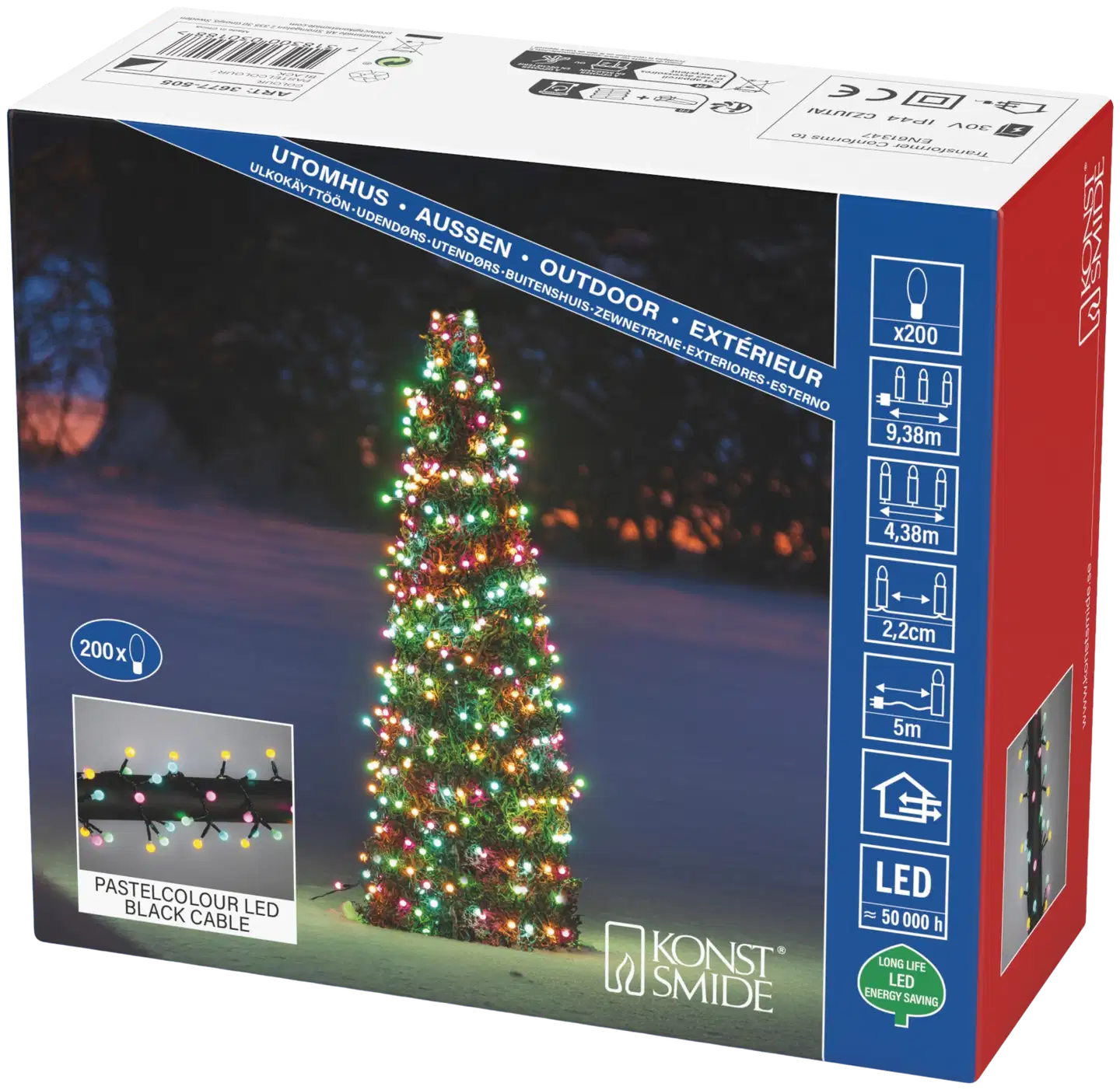 Konstsmide Valosarja 3677-505, Cluster 200 Candy color LED Cherry, Musta johto, IP44 - 4