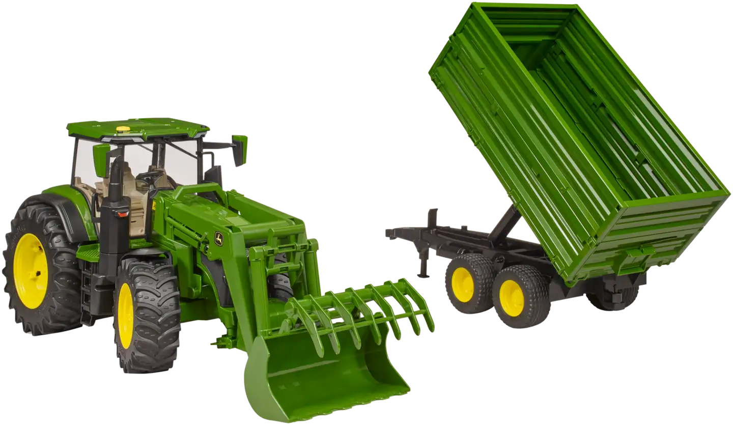 Bruder John Deere 7R 350 traktori etukuormaajalla ja perävaunulla - 6