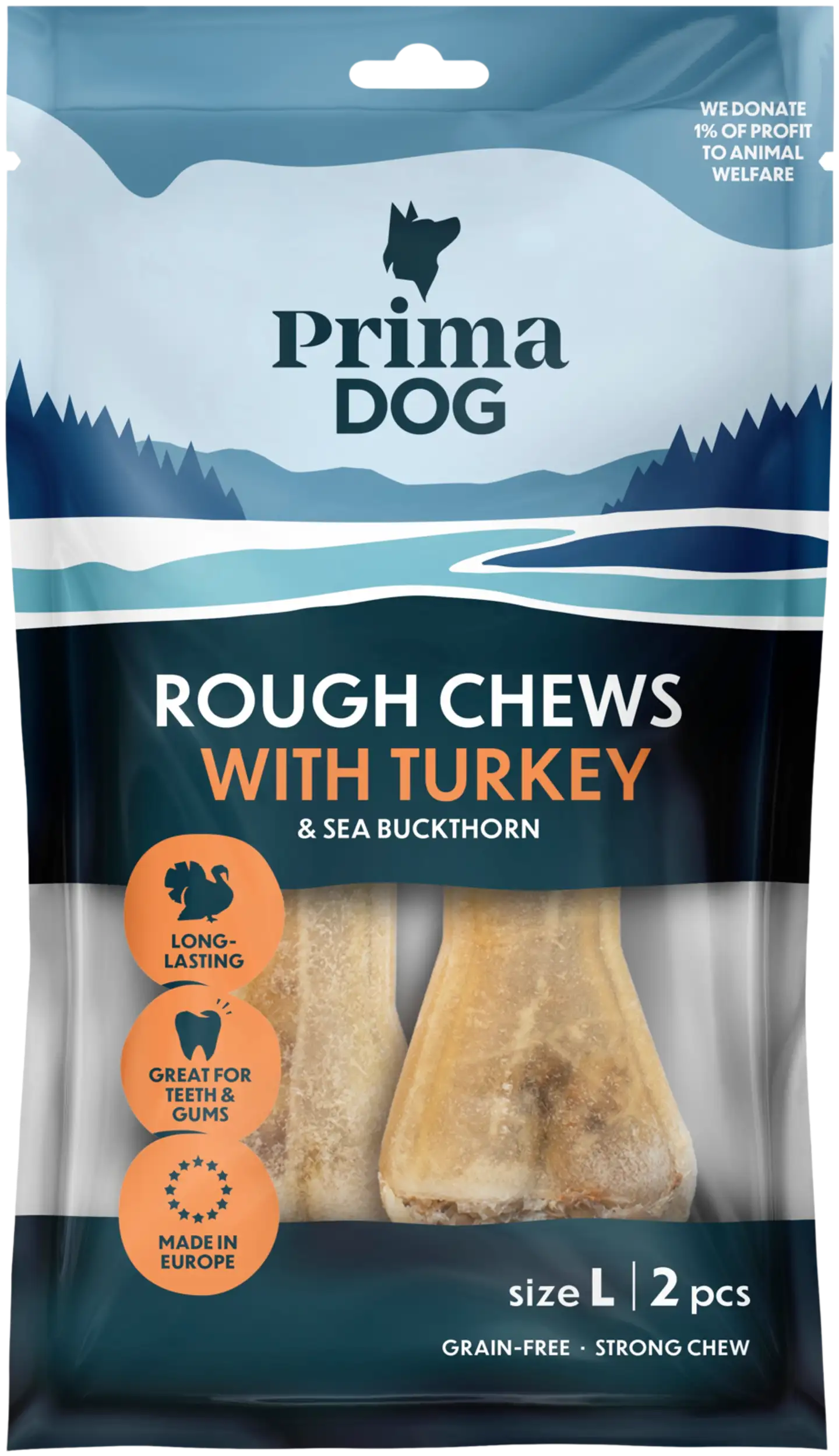 PrimaDog Rough Chews Kalkkuna-Tyrni, täytetty puruluu L 13,5 cm, 2 kpl, 140 g