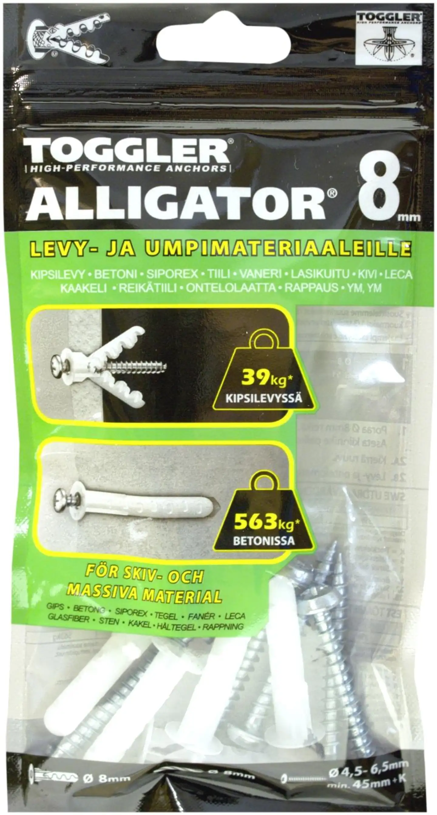 Toggler Alligator AF8-5 kiinnike laipalla 8mm 5kpl + ruuvit - 1