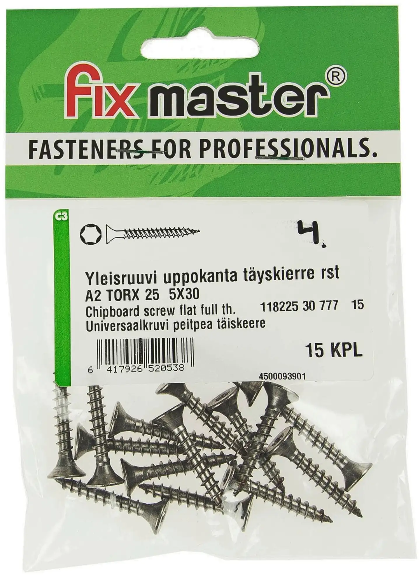 Fix Master yleisruuvi uppokanta täyskierre A2 torx25 5,0X30 15kpl