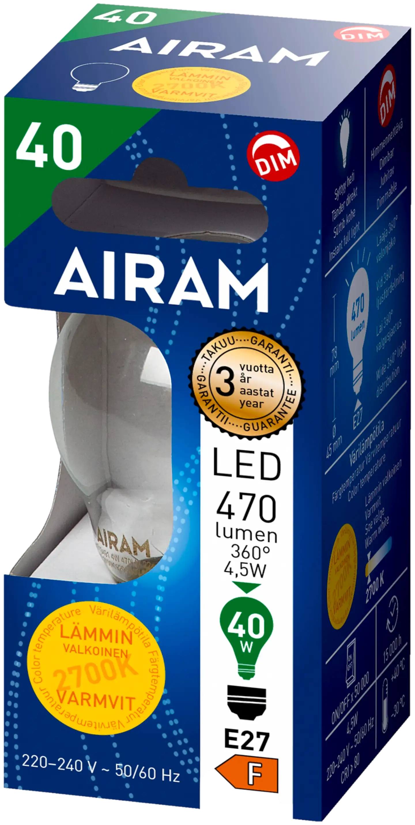 Airam LED koriste 4,5W E27 470LM himmennettävä kirkas - 2