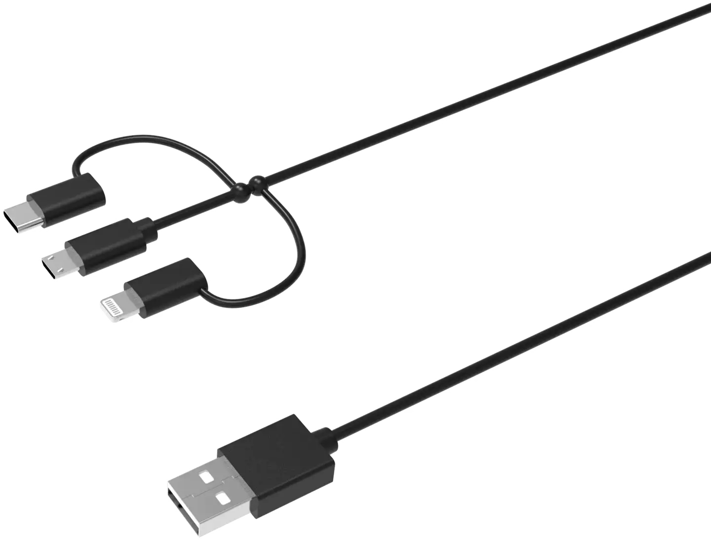 Wave 3-in-1 Latauskaapeli, USB Type-C / MicroUSB / Apple Lightning® (MFI), 1,5m, Musta - 3