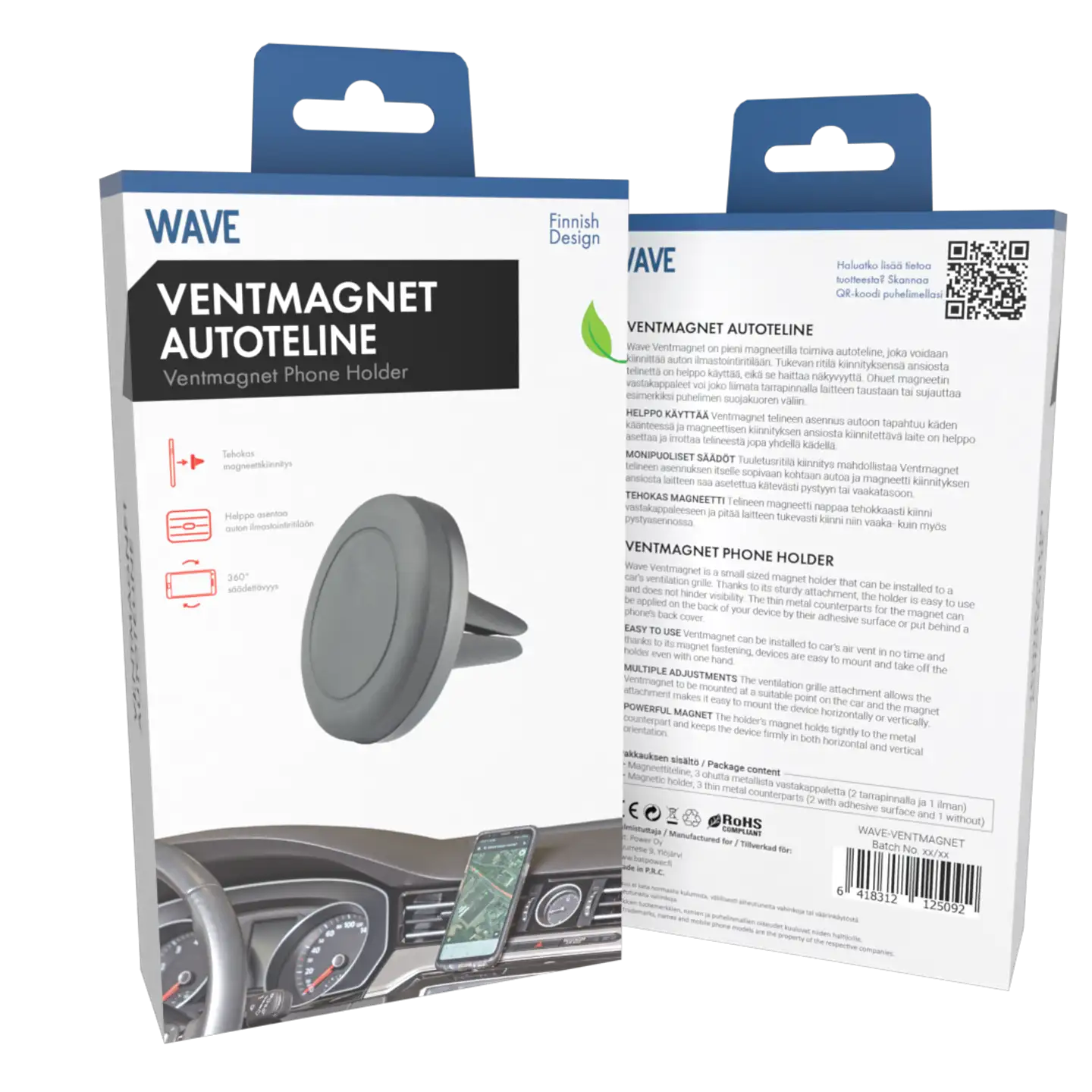 Wave Ventmagnet Autoteline, Musta - 5