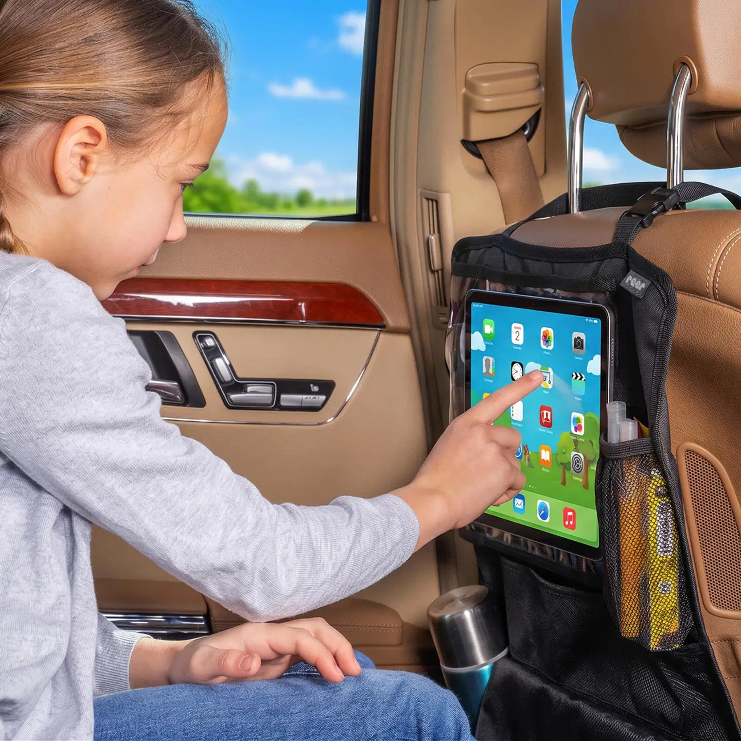 Reer potkusuoja autoon tablet-taskulla ja lokeroilla - 9