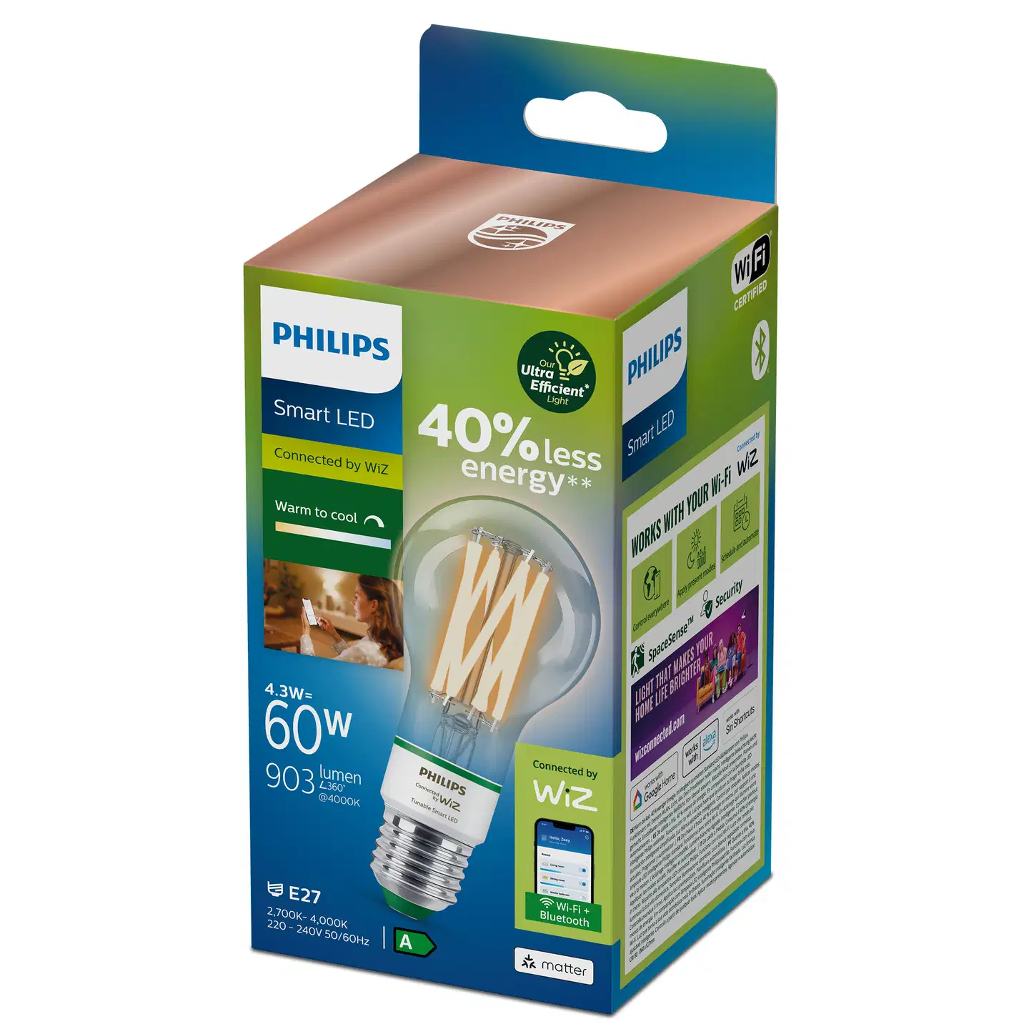 Philips Smart Lighting LED-filamenttilamppu 4.3W A60 E27 2700-6500K 903lm tunable white - 3
