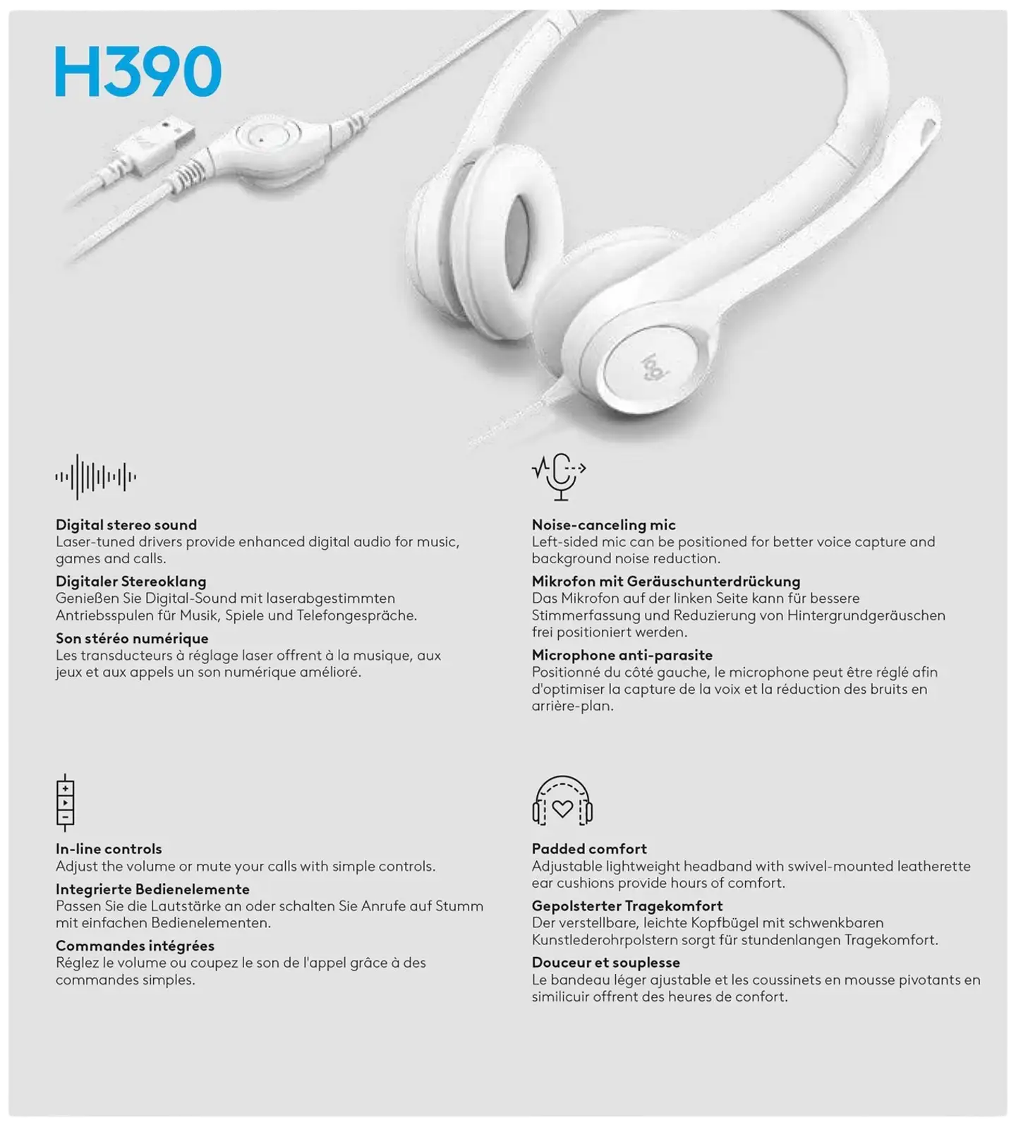 Logitech PC kuuloke H390 USB - valkoinen - 13