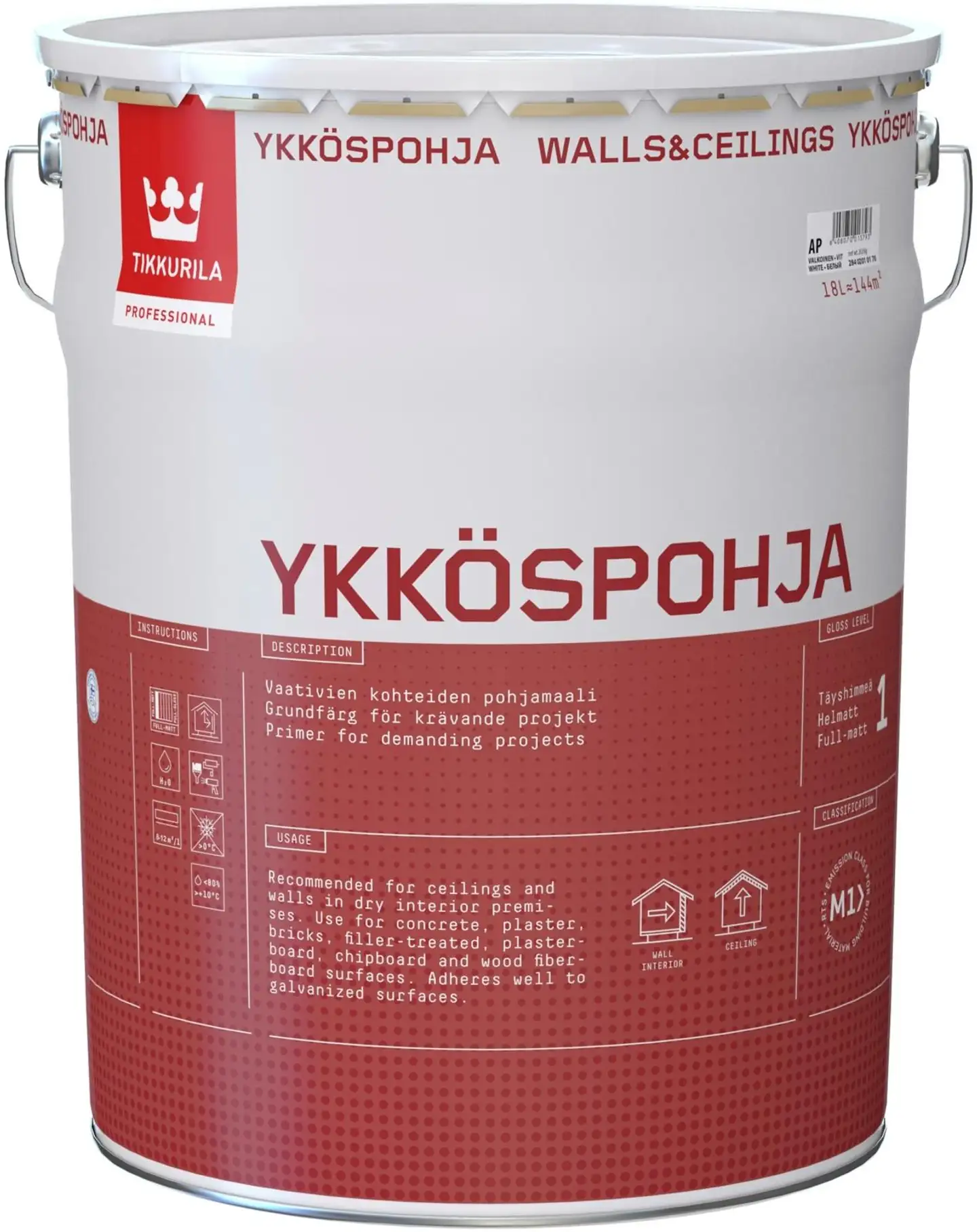 Tikkurila pohjamaali Ykköspohja 18 l AP valkoinen sävytettävissä täyshimmeä