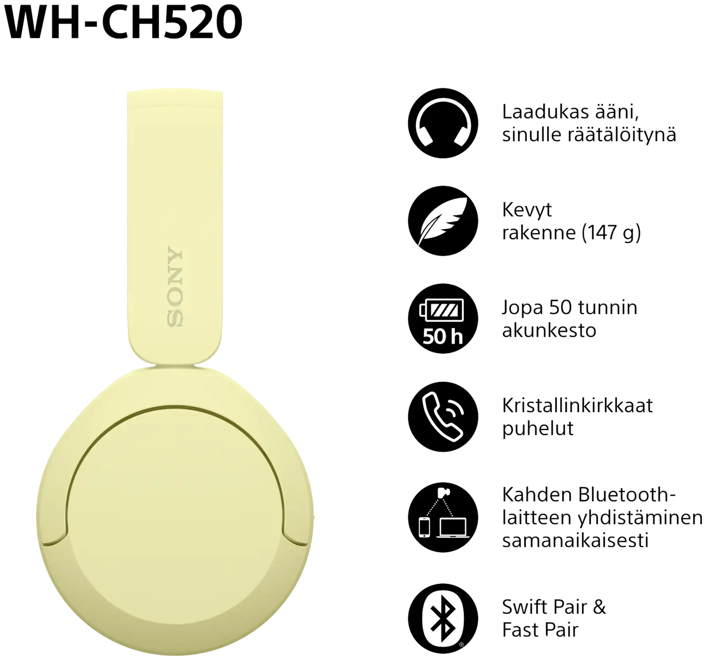 Sony Bluetooth sankakuulokkeet WH-CH520Y keltainen - 2