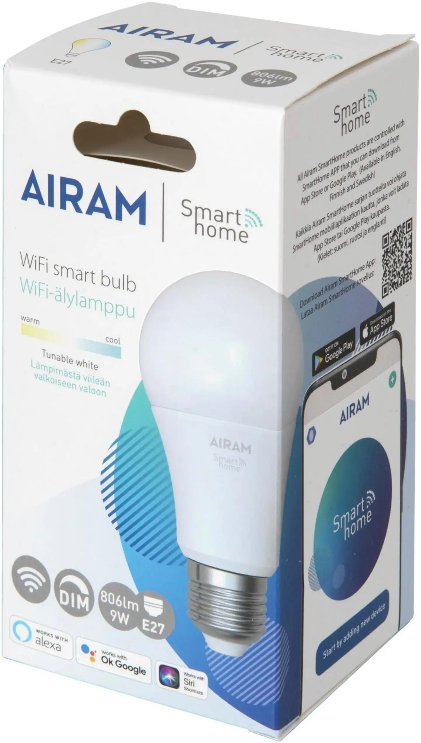 Airam vakiolamppu Smart 9W opaali E27 806lm TW 2700-6500K - 2