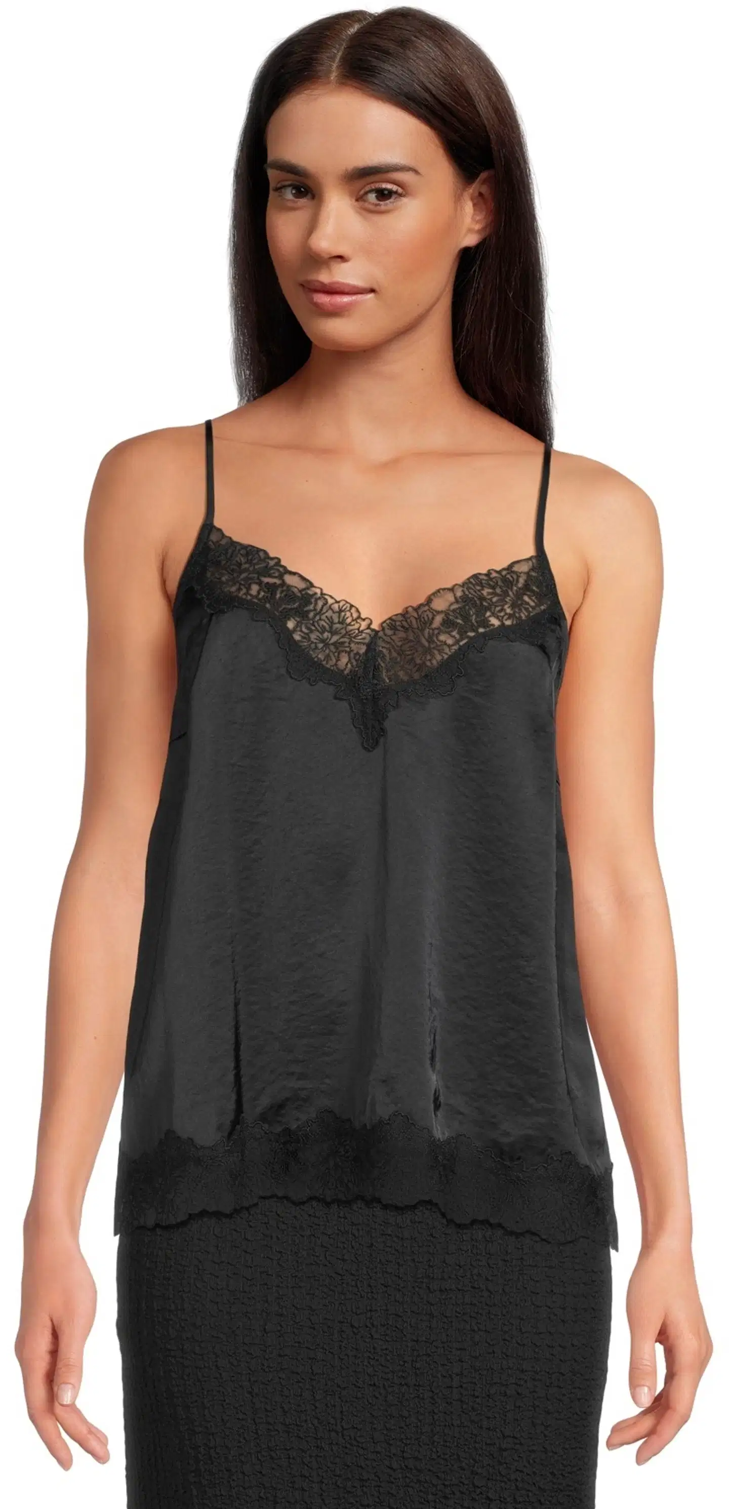 WKLY. Naisten satiini toppi, pitsisomisteet pääntiellä ja helmassa, säädettävä olkain - BLACK - 1