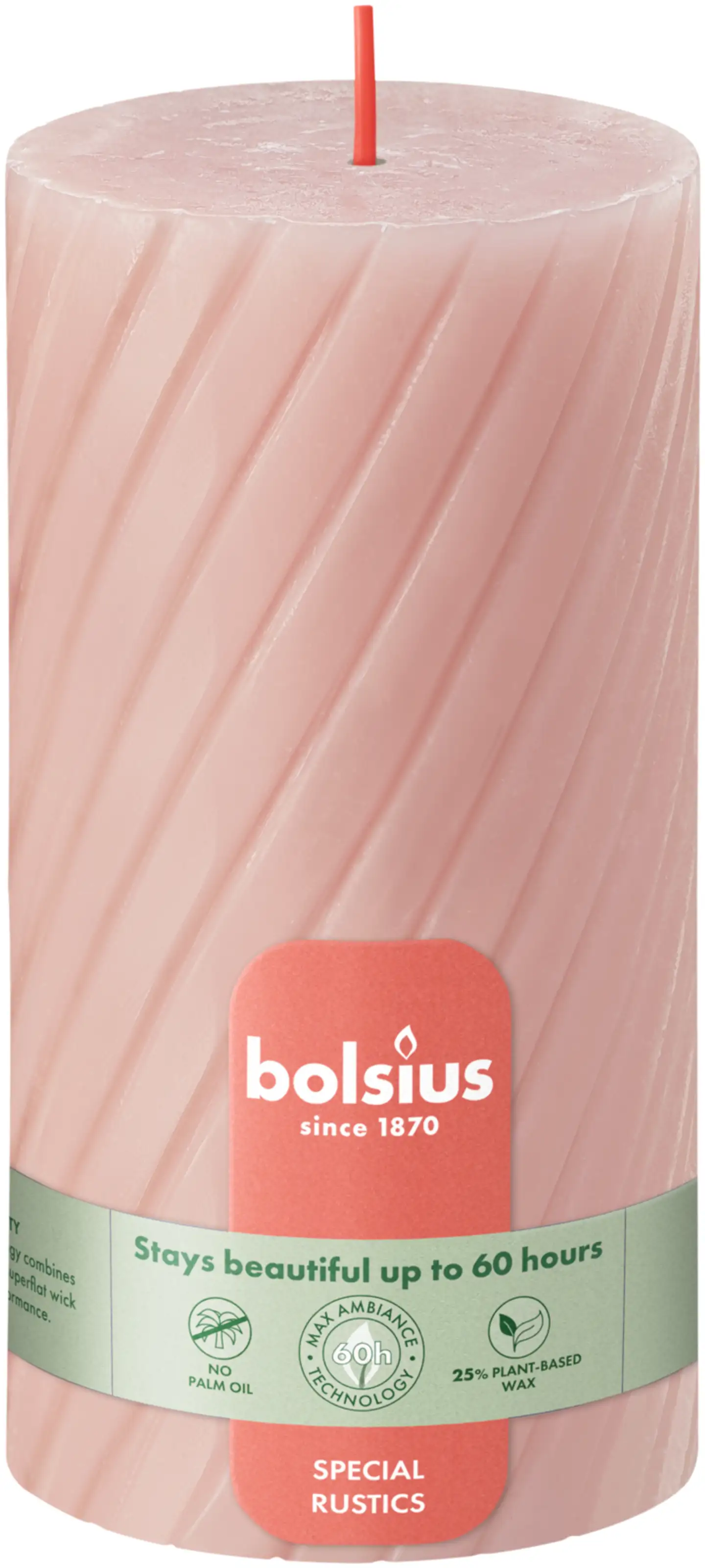 Bolsius – kierrepöytäkynttilä rustiikkinen – vaalea pinkki – 13 cm - 1