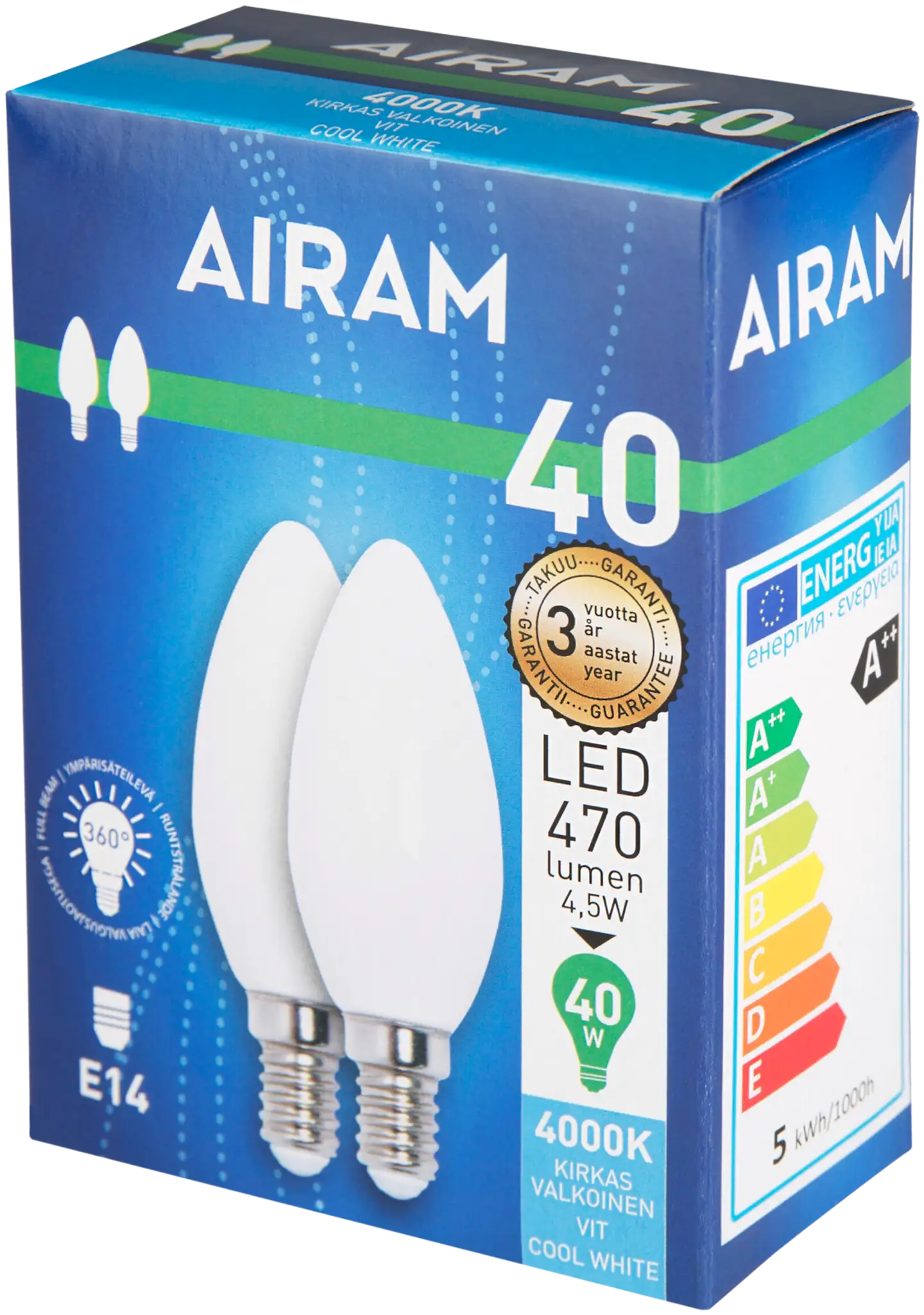 Airam LED kynttiläkupu 470lm 4000K E14 opaali fullglass 2BX - 2