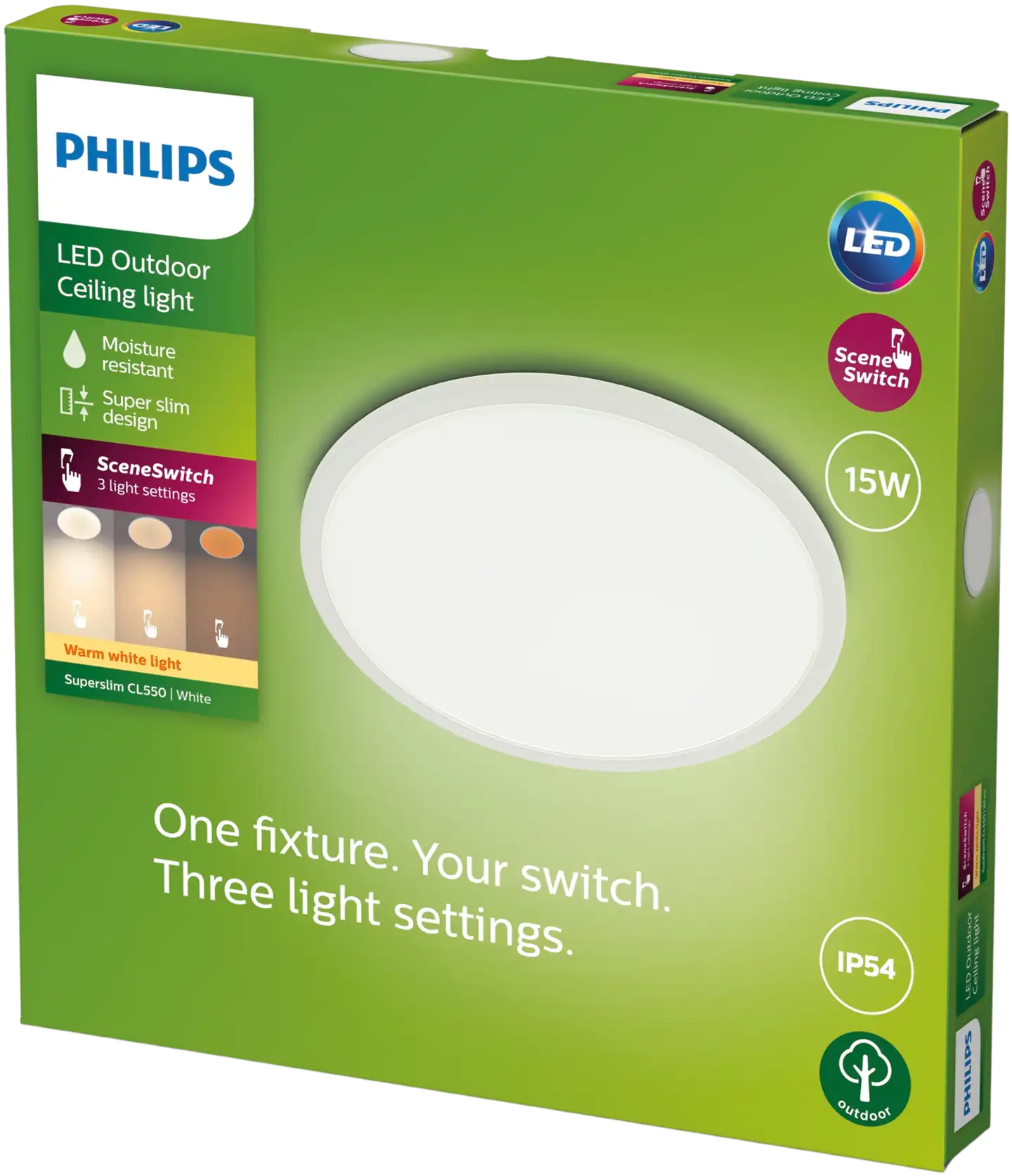 Philips ulkokattovalaisin SuperSlim valkoinen SceneSwitch 15W 2700K IP54 - 2