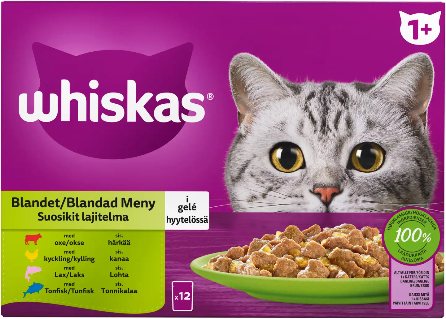 Whiskas 1+ Suosikit Lajitelma hyytelössä (12 x 85 g)