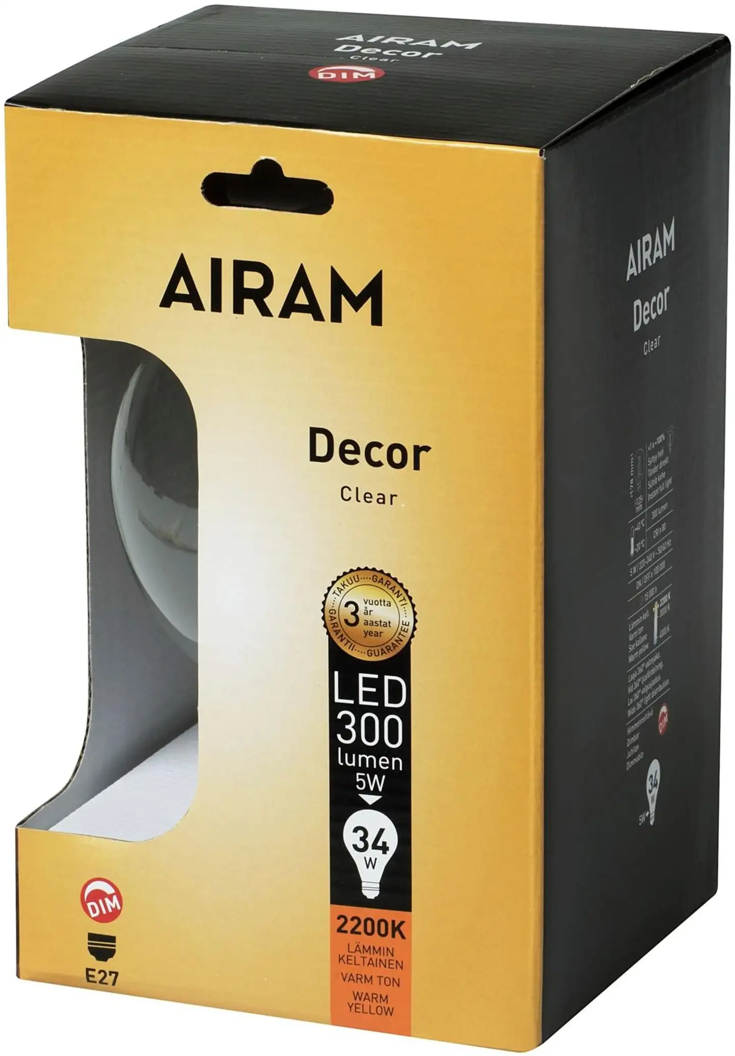 Airam led Decor Globe-125 3W 300lm 2200K kirkas E27 himmennettävä - 2