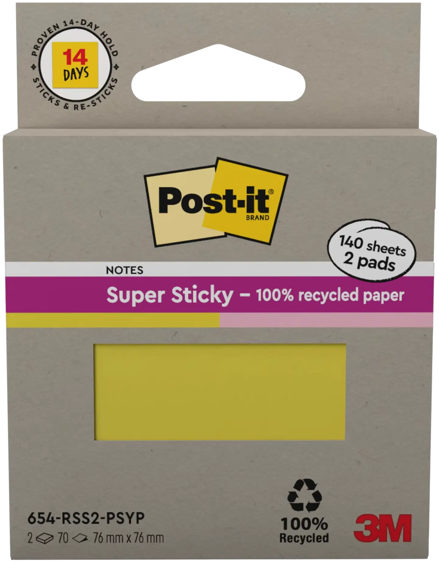 Post-it® Super Sticky 100% Recycled -viestilaput, 654-RSS2-PSYP, keltainen ja vaaleanpunainen, 76 mm x 76 mm, 70 viestilappua/lehtiö, 2 lehtiötä/pakkaus - 2